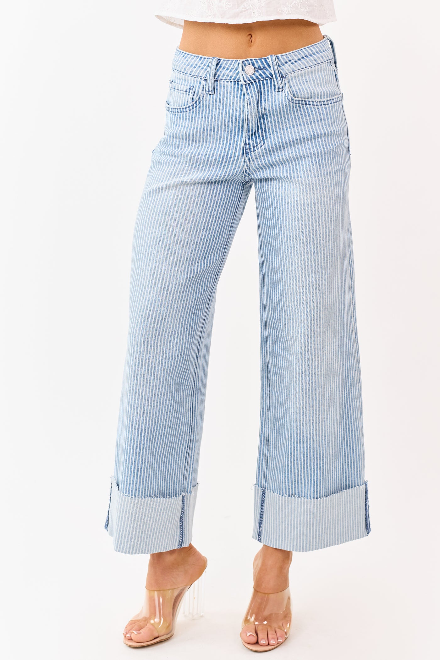 Vervet Light Wash Striped Cuffed Wide Stretch Jeans