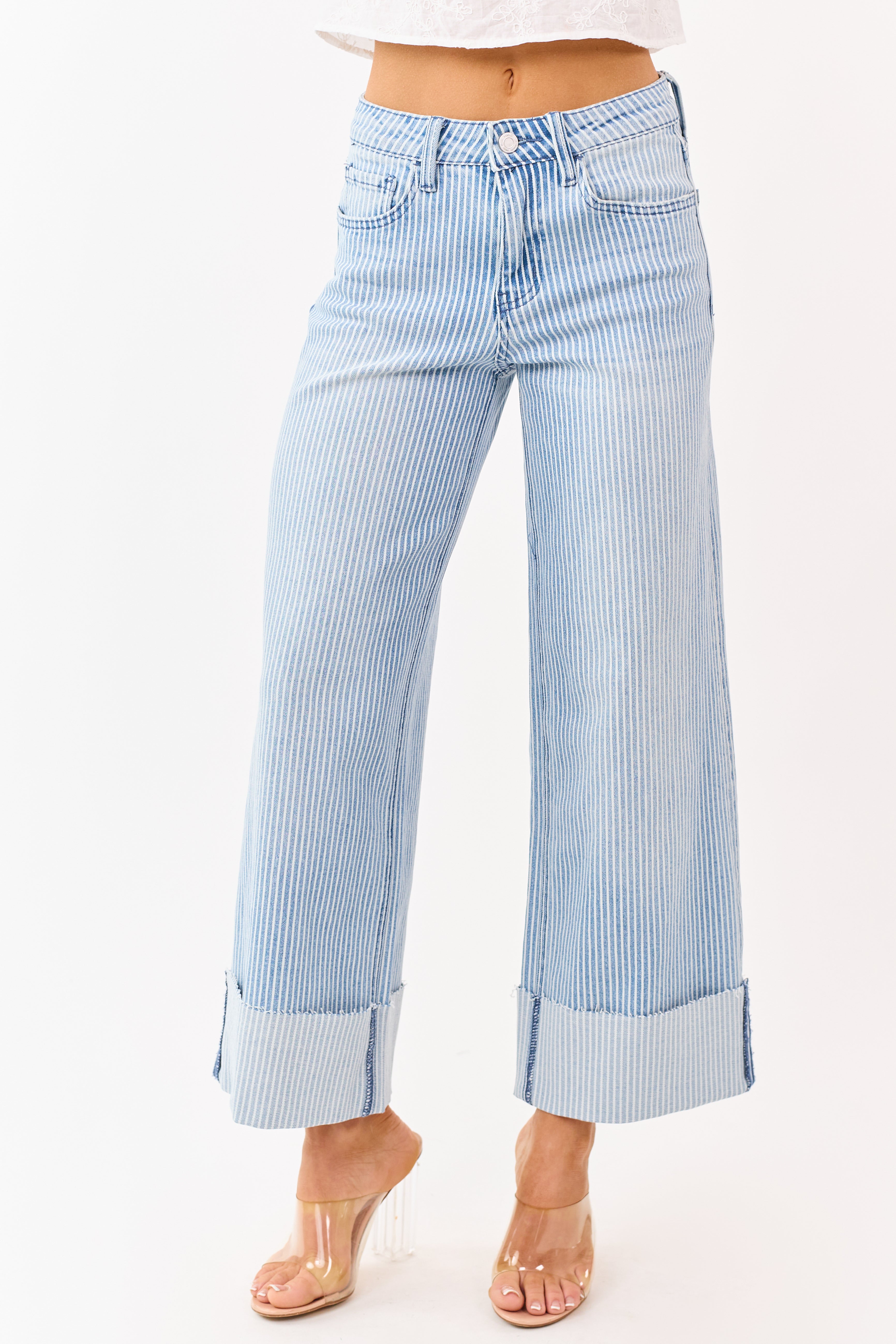 Vervet Light Wash Striped Cuffed Wide Stretch Jeans
