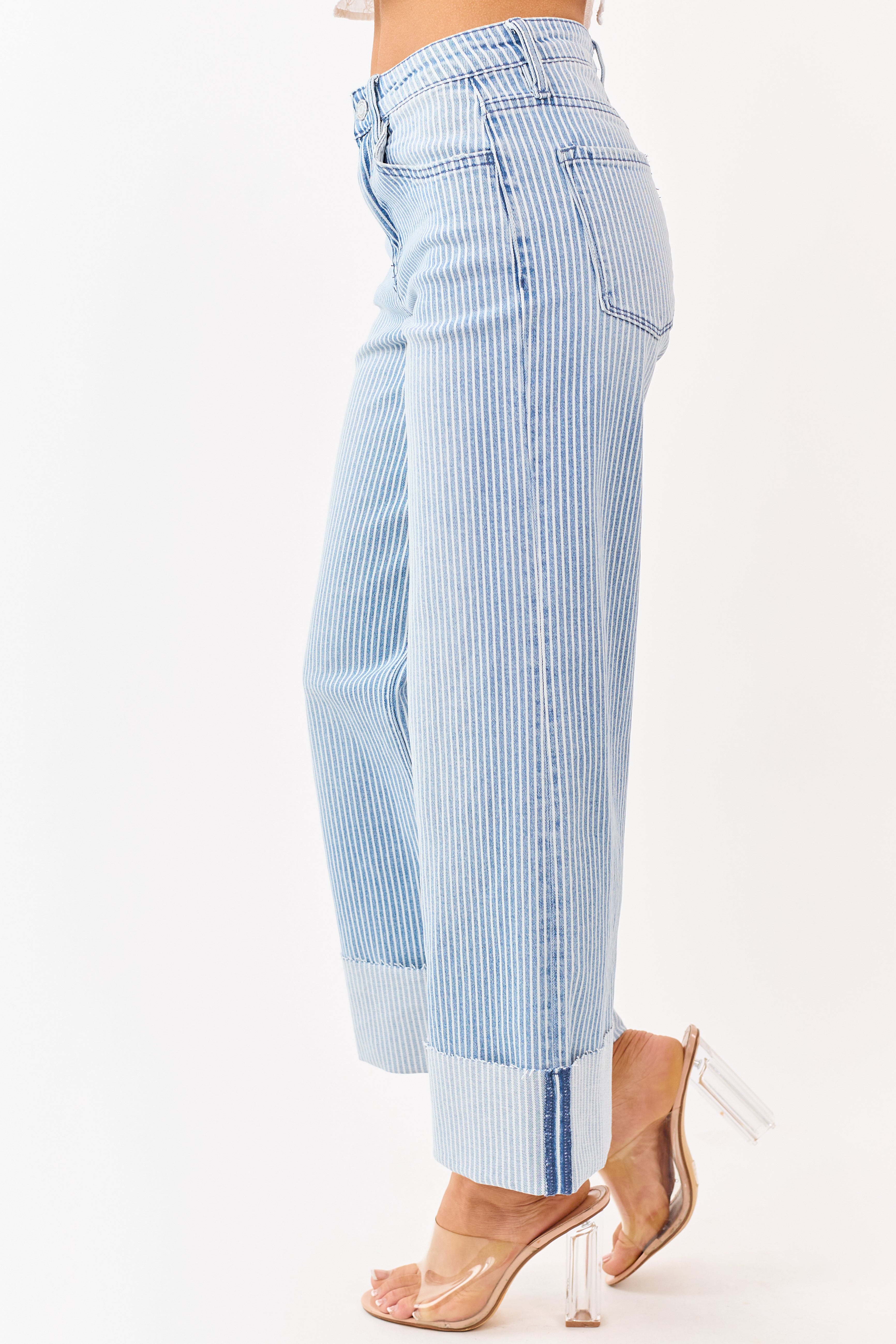 Vervet Light Wash Striped Cuffed Wide Stretch Jeans