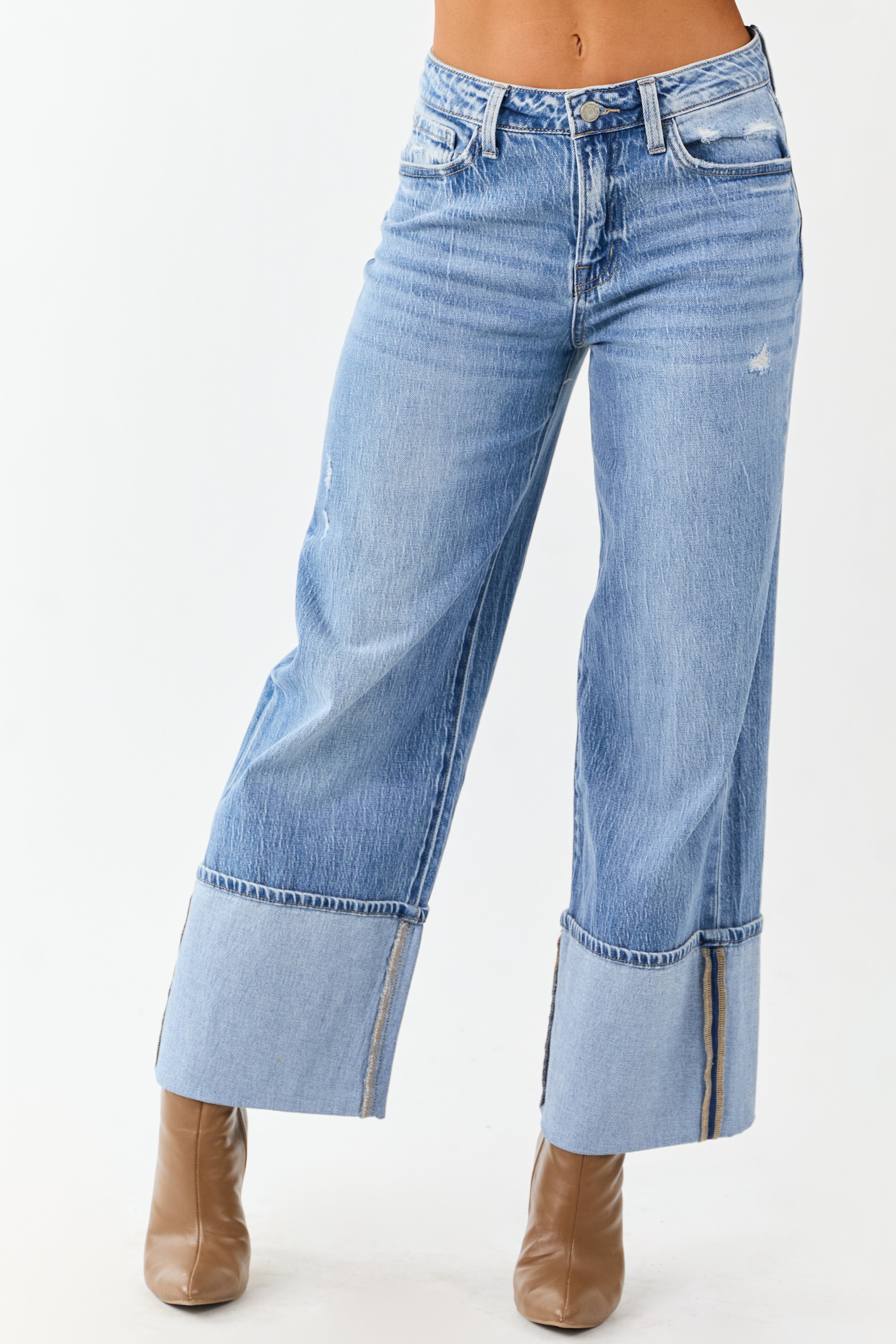 Vervet Medium Wash Cuffed High Rise Wide Leg Jeans | Lime Lush