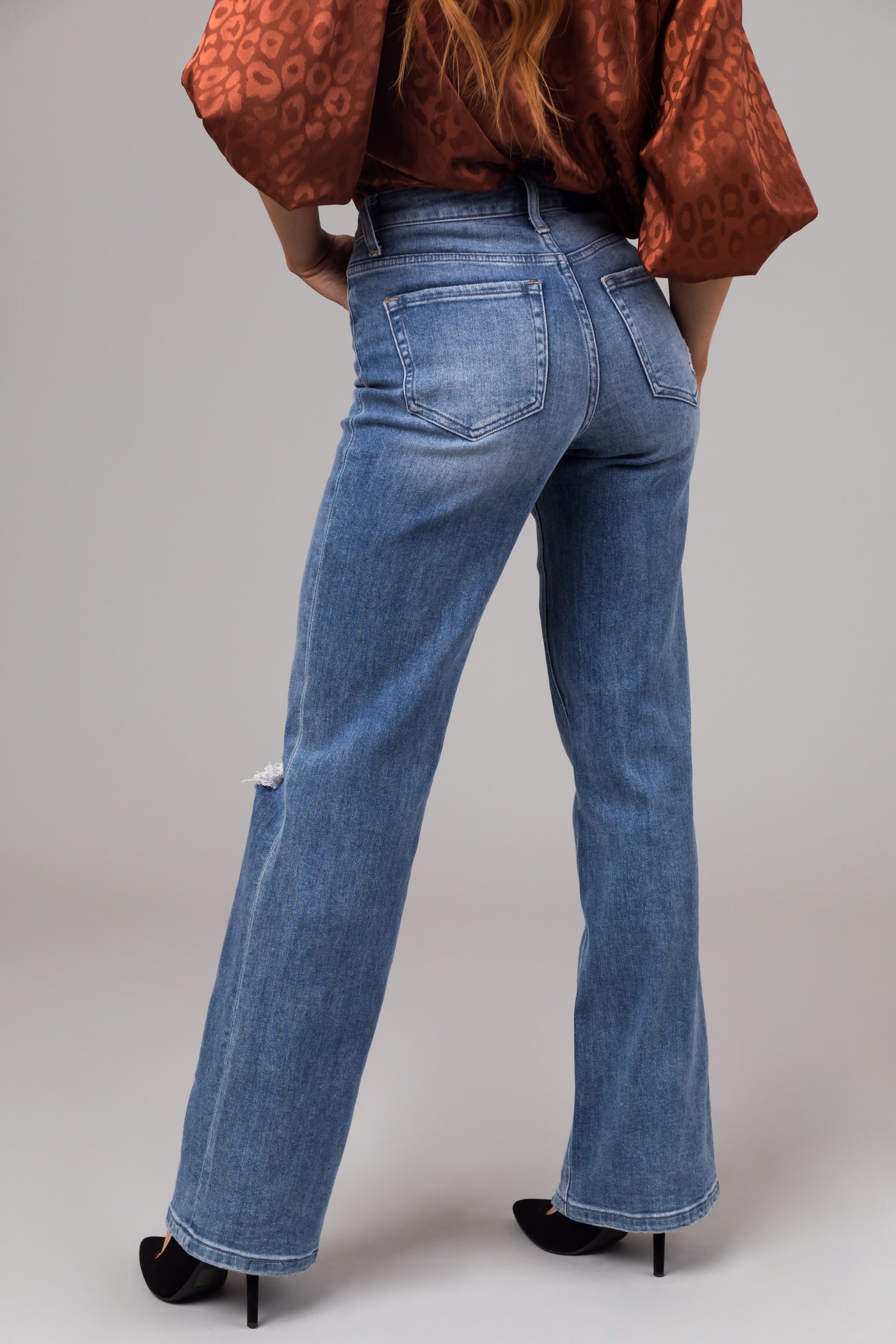 Vervet Medium Wash High Rise Slit Knee Jeans
