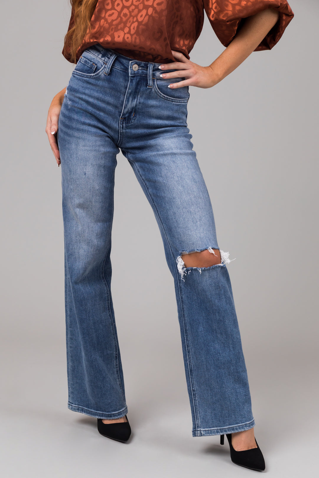Vervet Medium Wash High Rise Slit Knee Jeans & Lime Lush