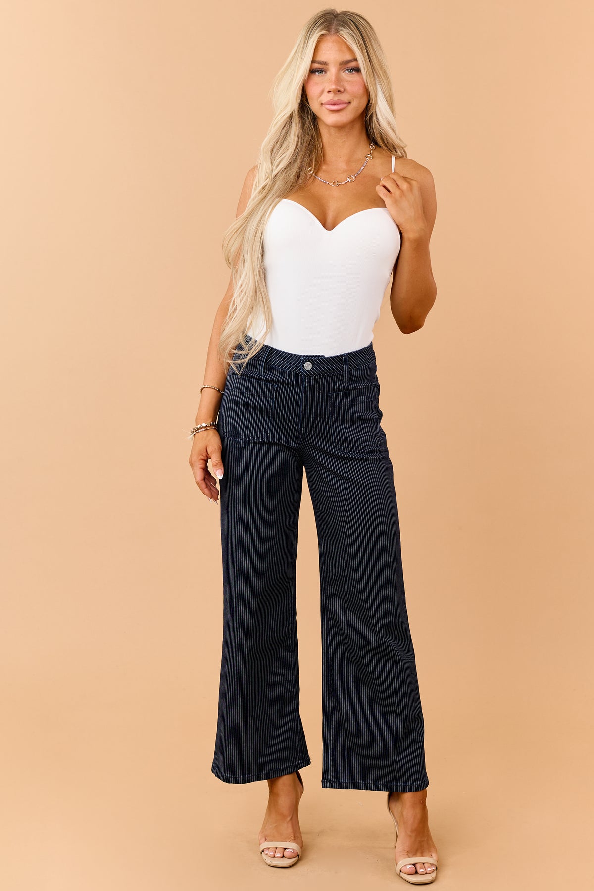 Vervet Navy Pinstripe Stretchy Wide Leg Jeans