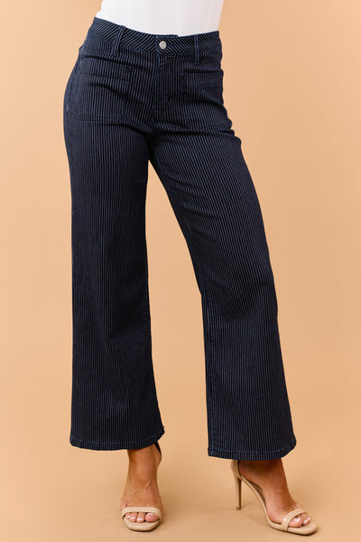 Vervet Navy Pinstripe Stretchy Wide Leg Jeans