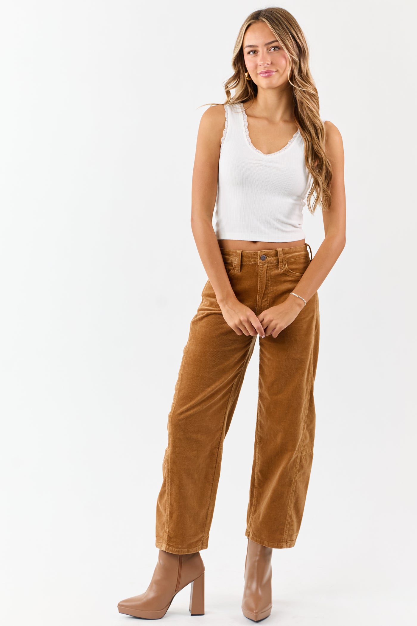 Vervet Peanut Corduroy High Rise Crop Barrel Pants