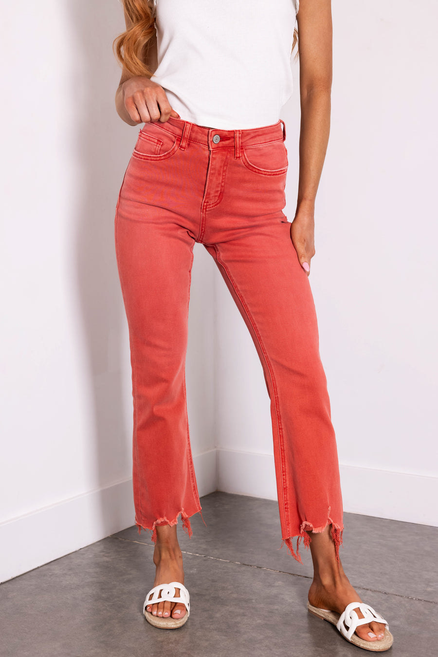 Vervet Poppy Red Flare Leg Cropped Jeans