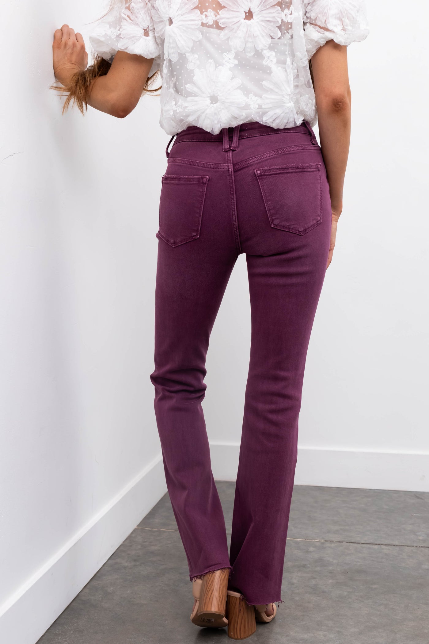 Vervet Washed Berry Mid Rise Raw Bootcut Jeans