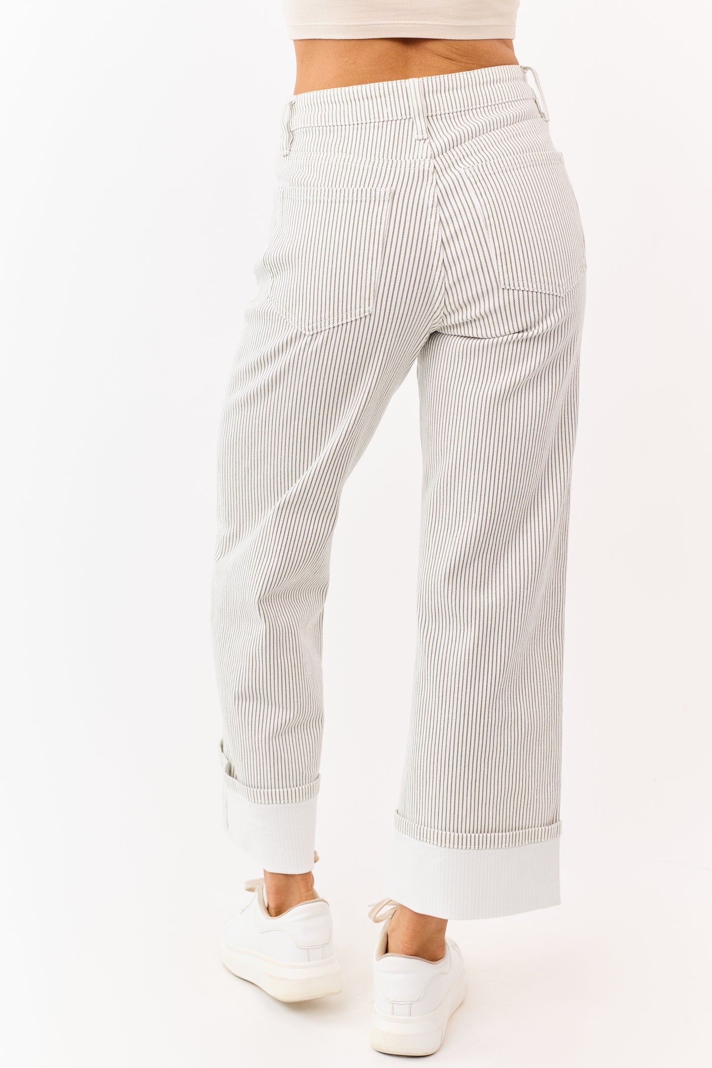 Vervet White Striped Cuffed Wide Leg Stretchy Jeans