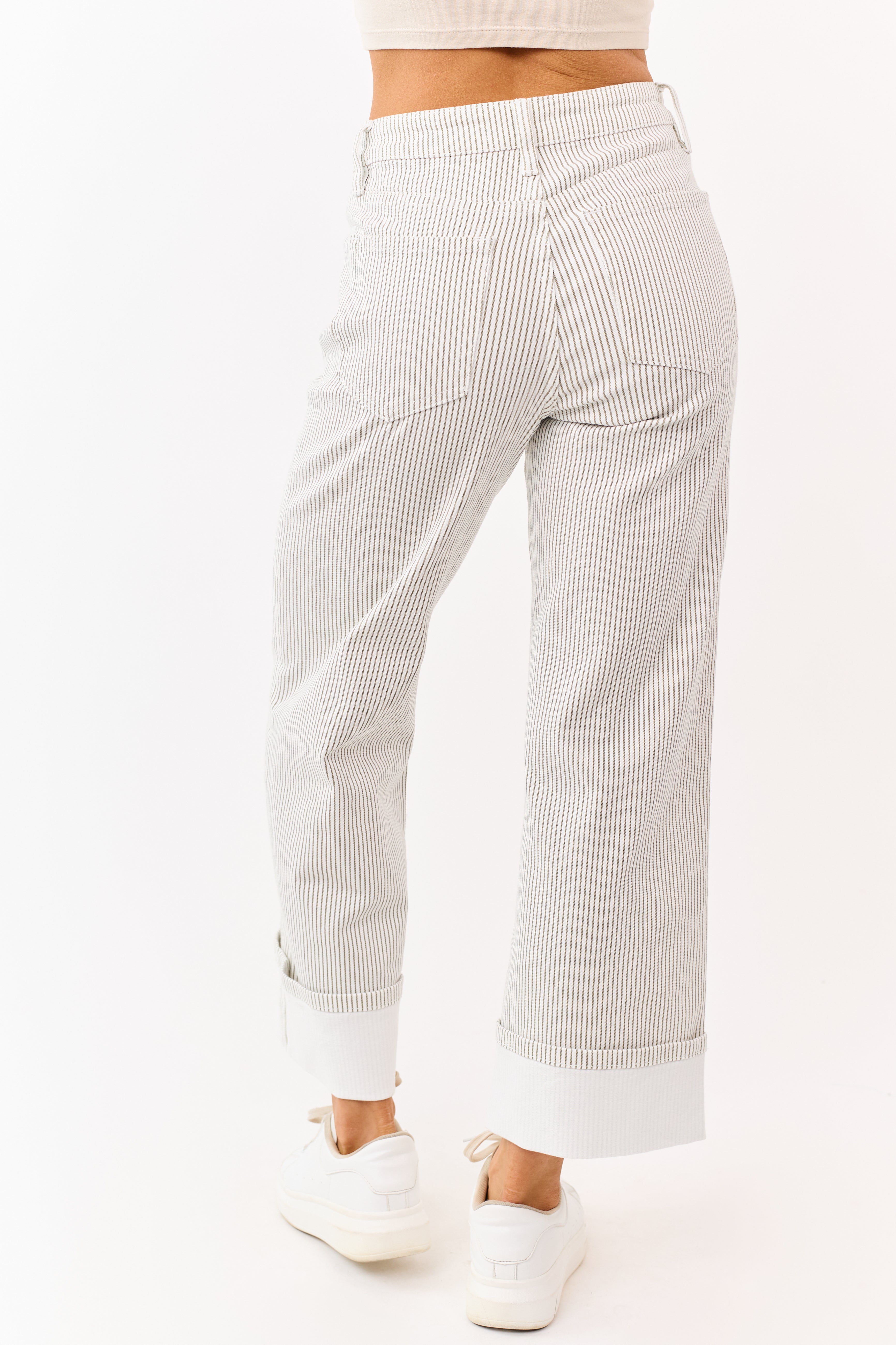 Vervet White Striped Cuffed Wide Leg Stretchy Jeans