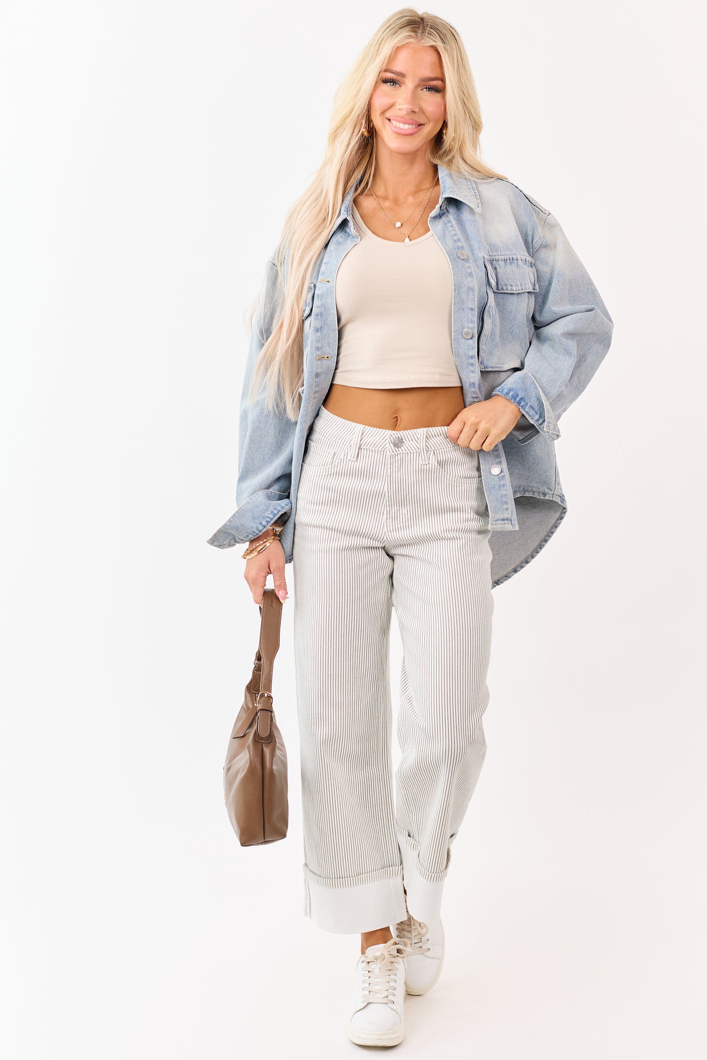 Vervet White Striped Cuffed Wide Leg Stretchy Jeans