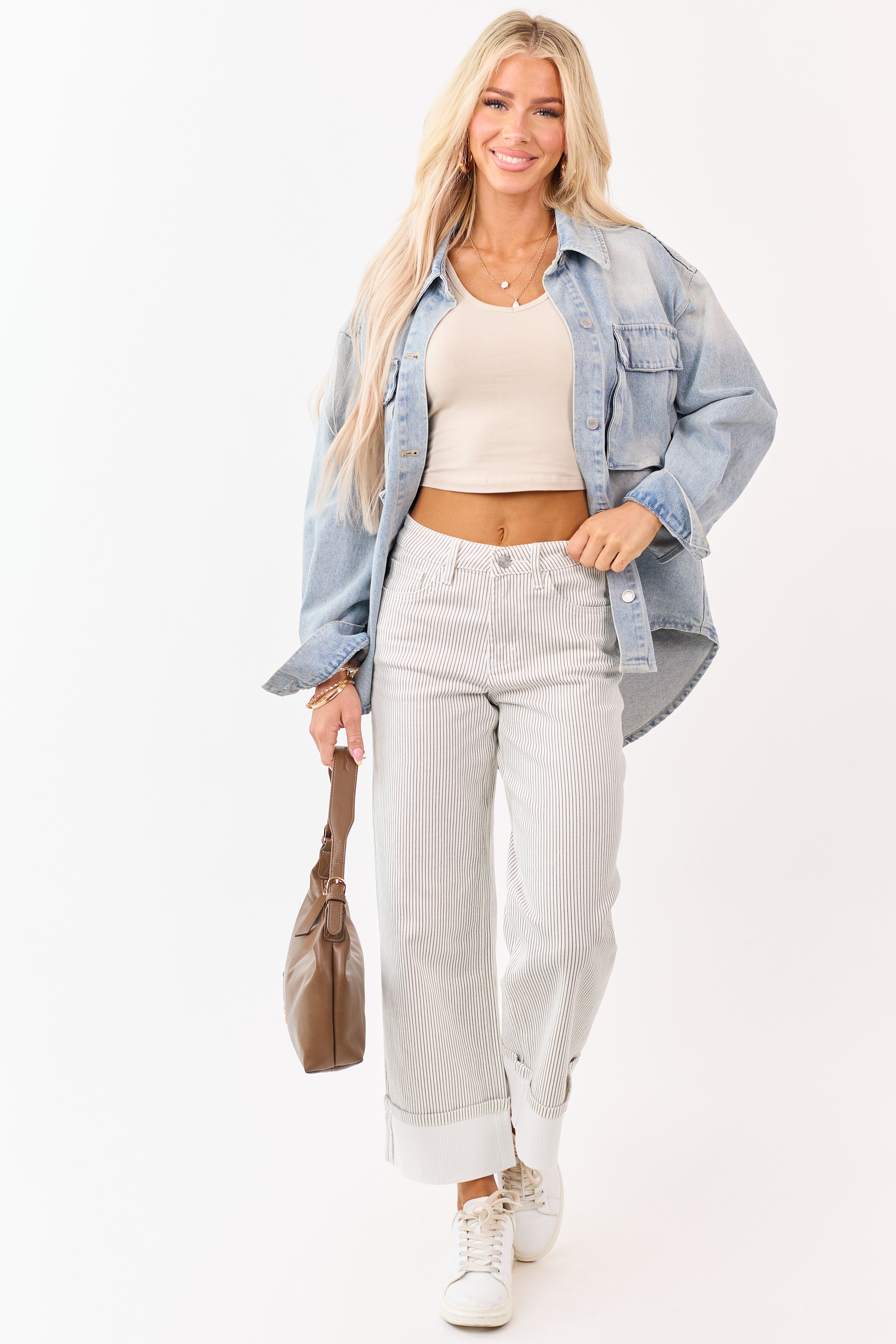 Vervet White Striped Cuffed Wide Leg Stretchy Jeans