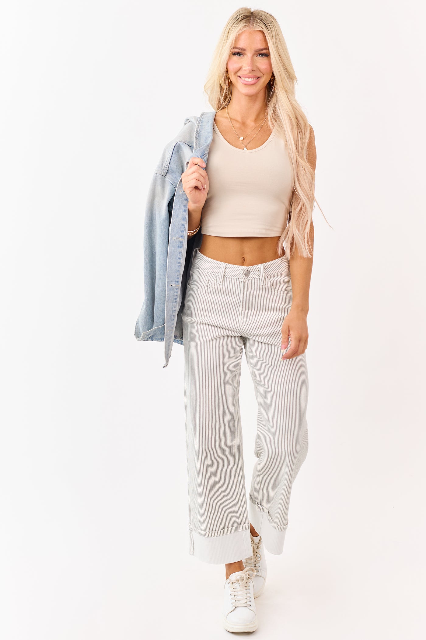 Vervet White Striped Cuffed Wide Leg Stretchy Jeans