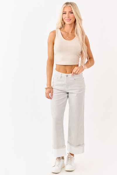 Vervet White Striped Cuffed Wide Leg Stretchy Jeans