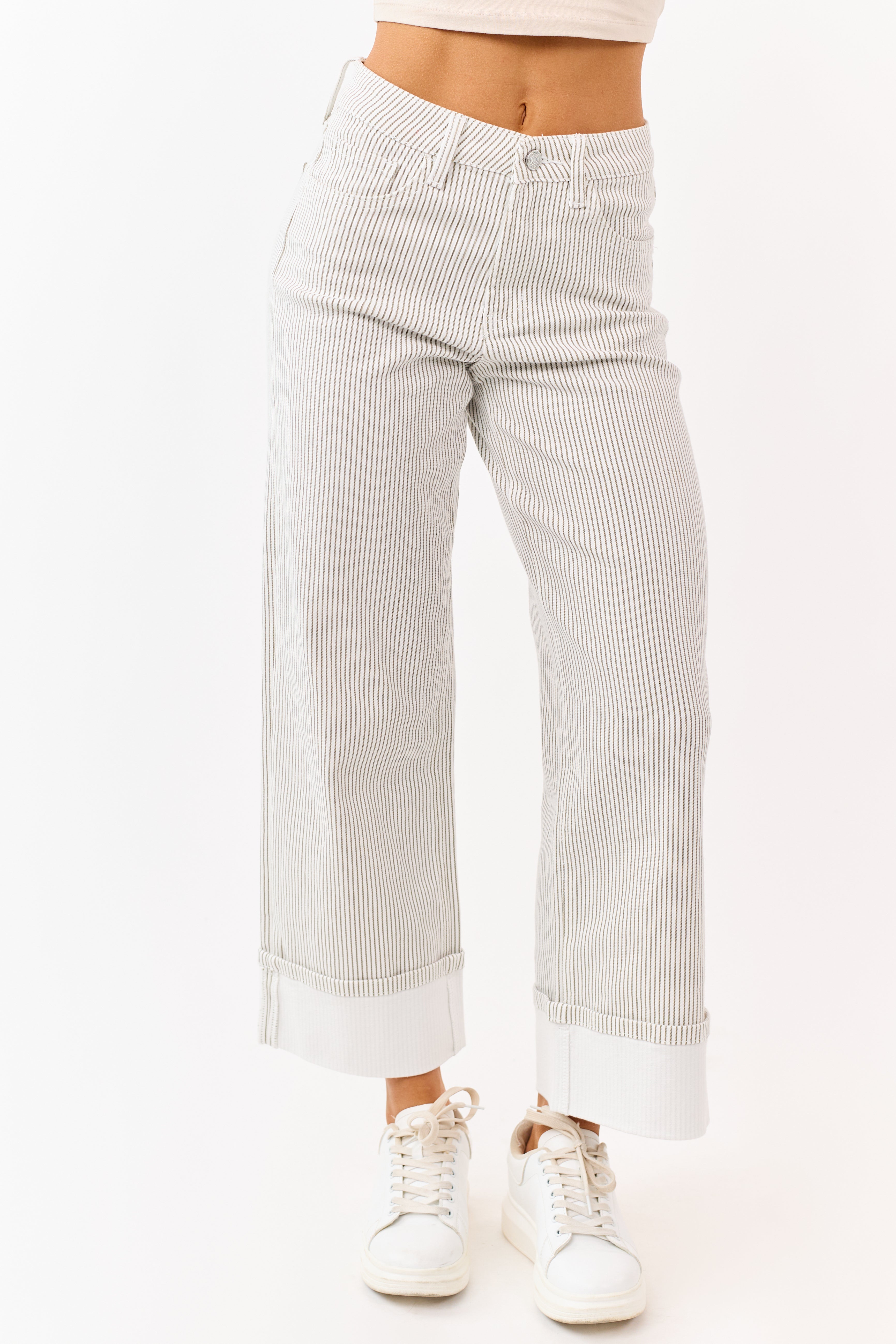 Vervet White Striped Cuffed Wide Leg Stretchy Jeans | Lime Lush