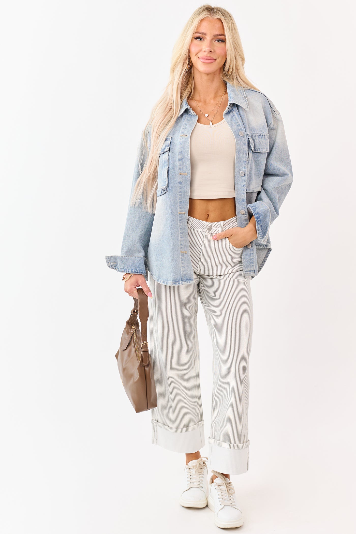 Vervet White Striped Cuffed Wide Leg Stretchy Jeans