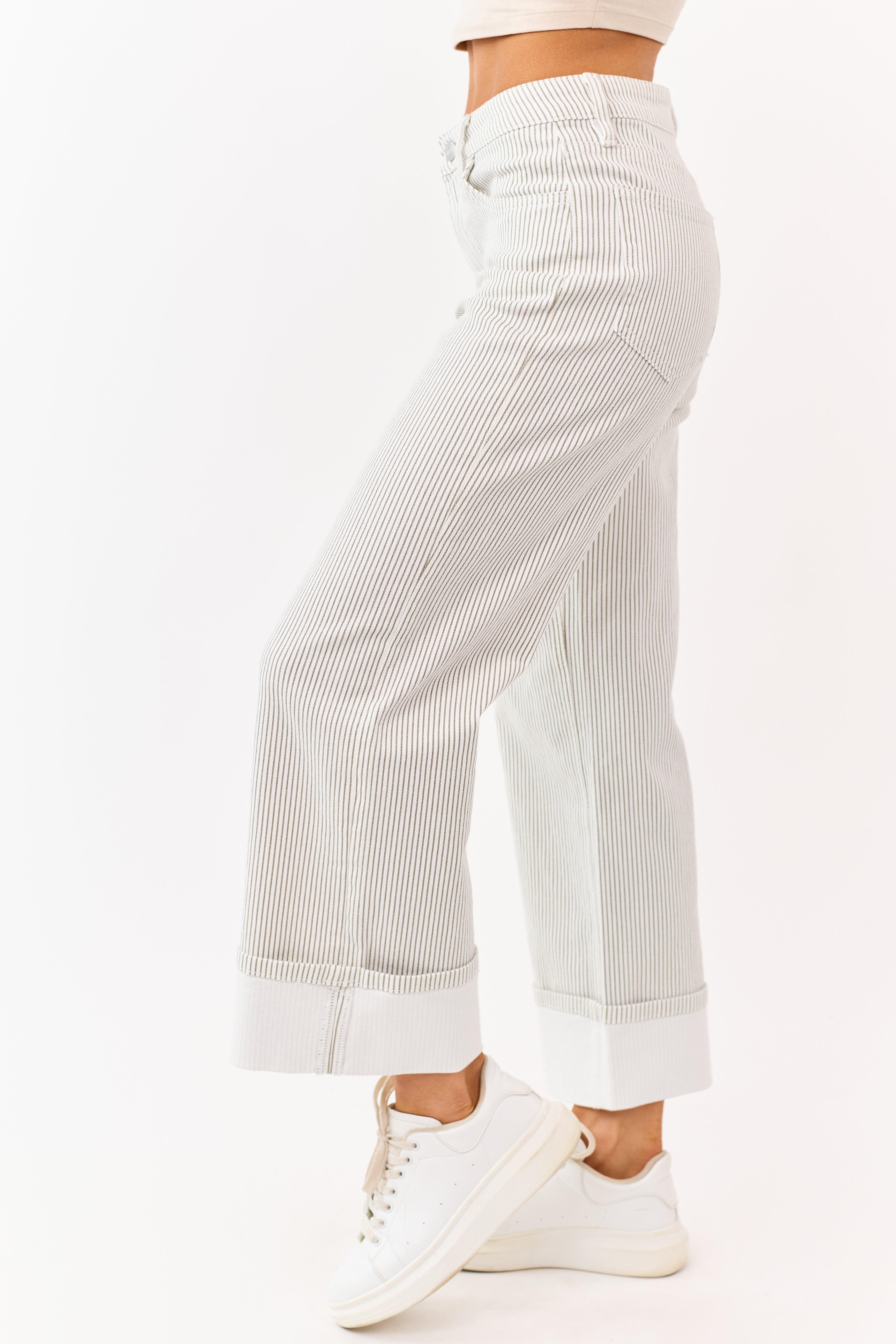 Vervet White Striped Cuffed Wide Leg Stretchy Jeans | Lime Lush