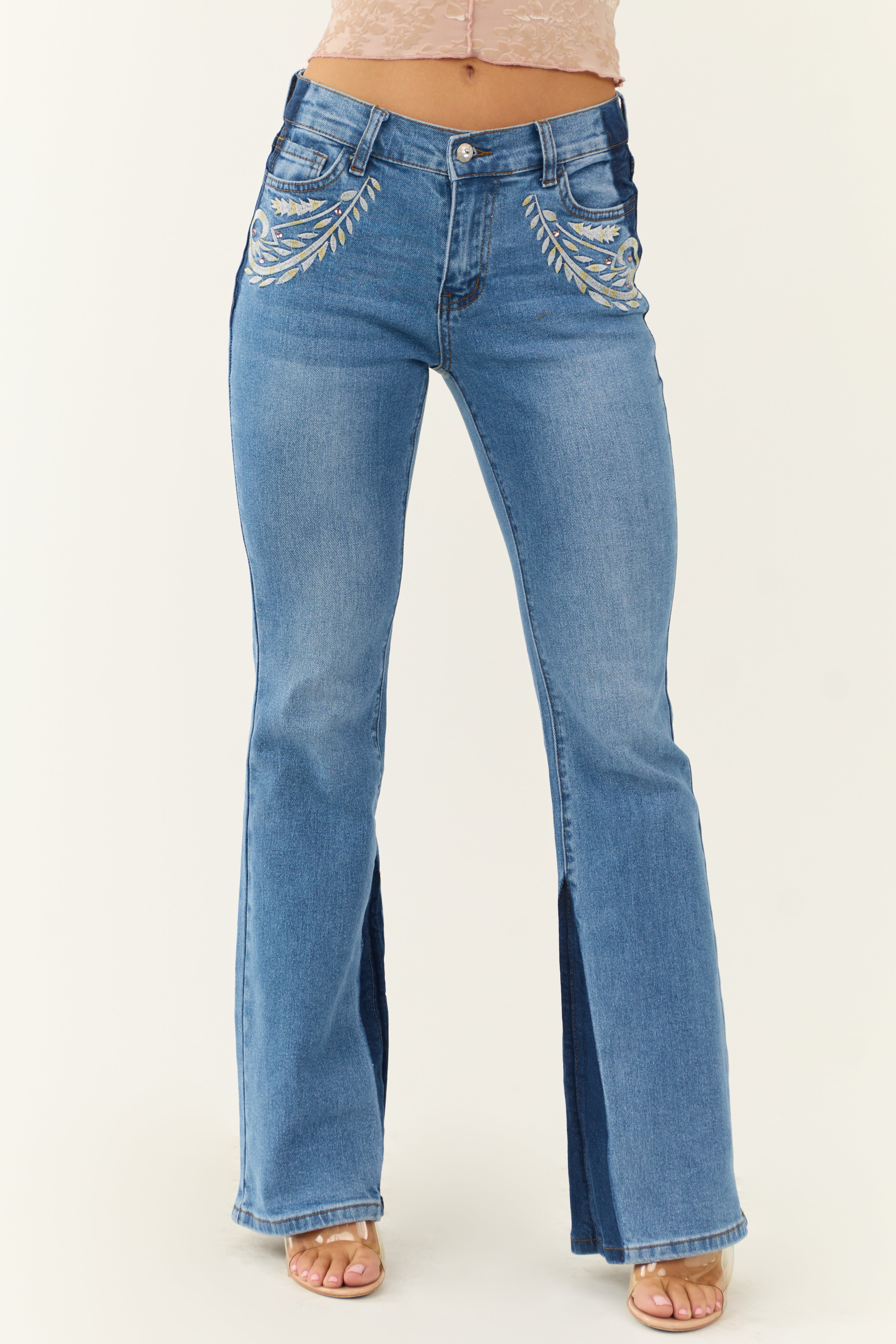 Medium Wash Embroidered Western Bootcut Jeans | Lime Lush Boutique