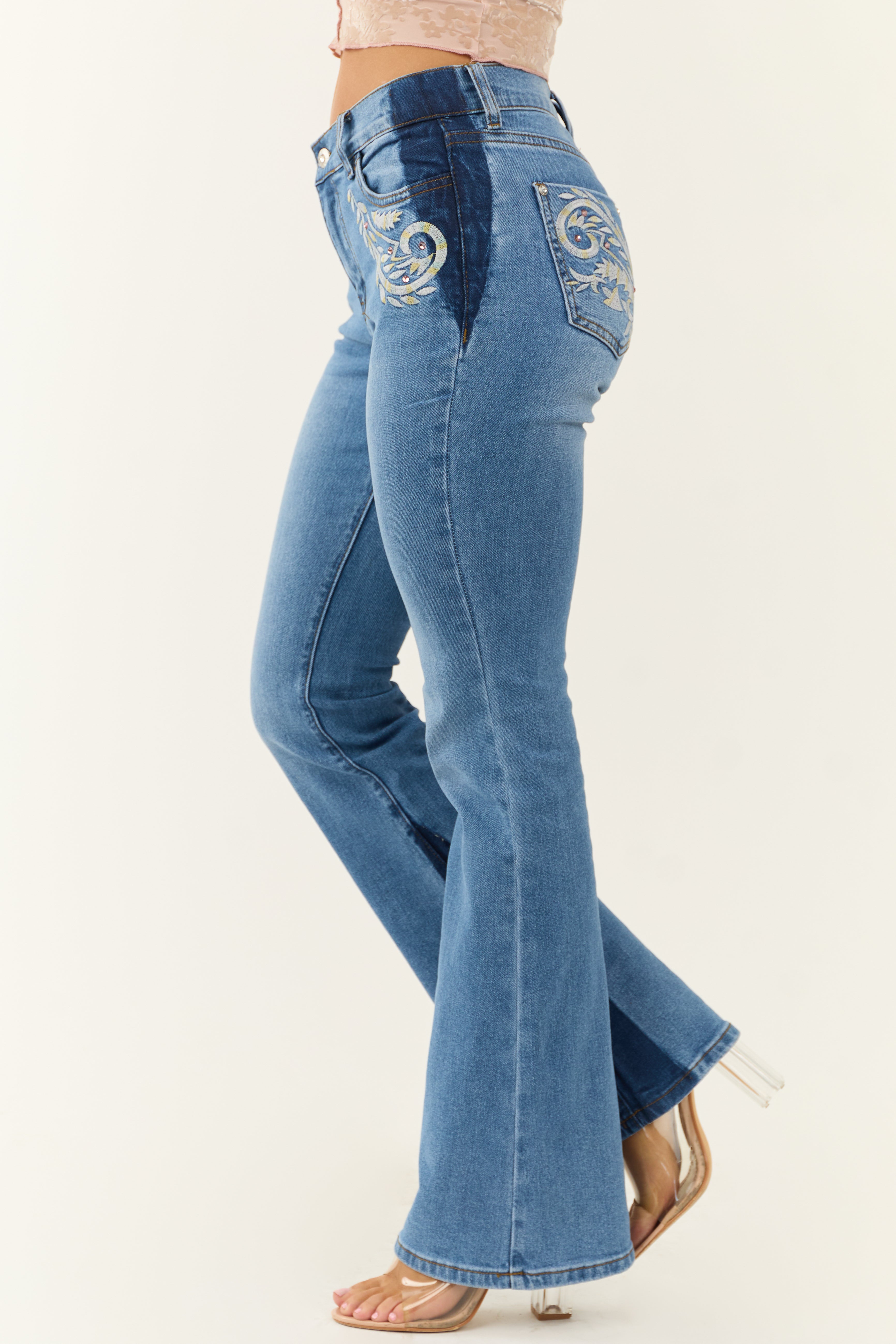 Medium Wash Embroidered Western Bootcut Jeans | Lime Lush Boutique