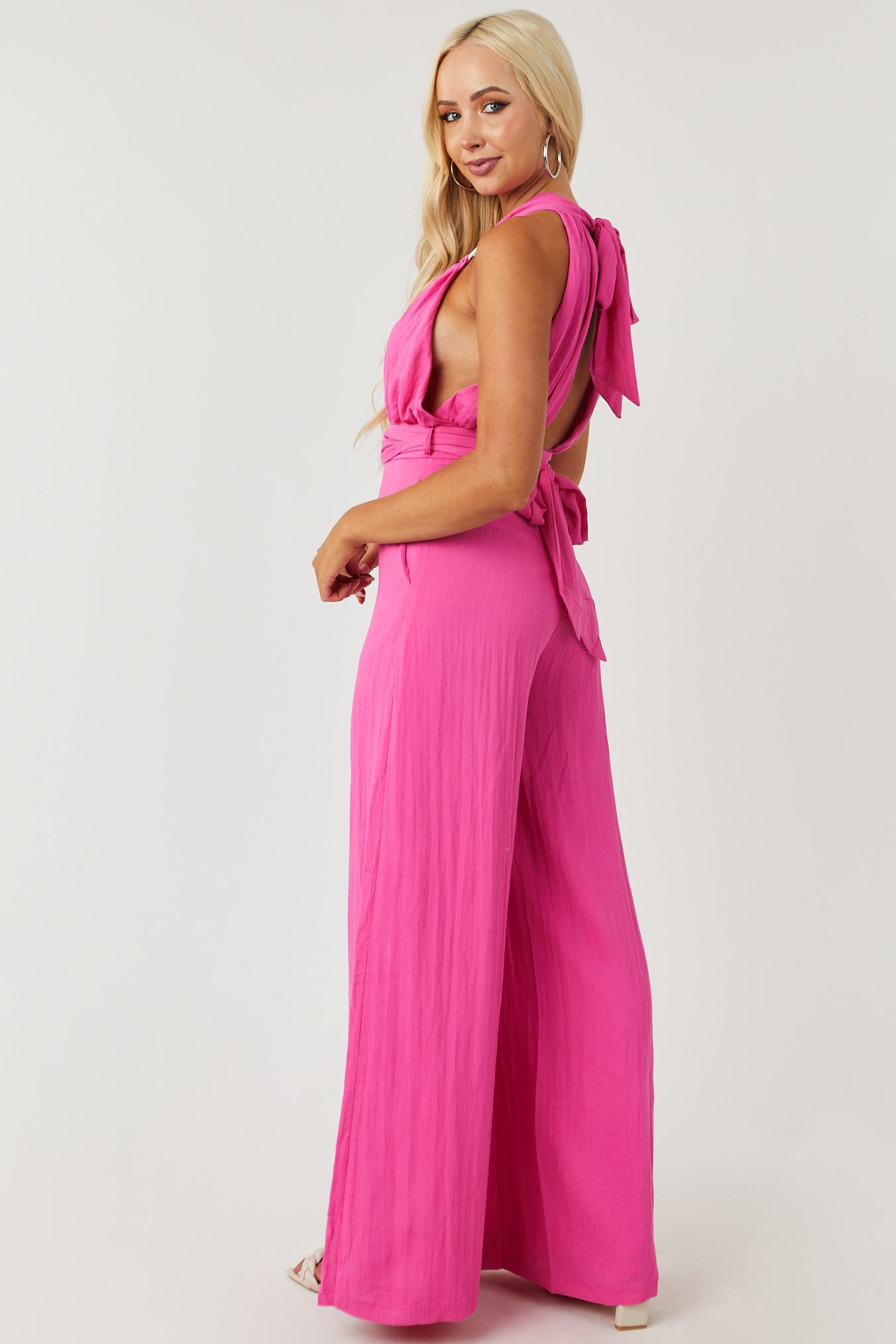 Vibrant Pink Plunging Neck O-Ring Jumpsuit