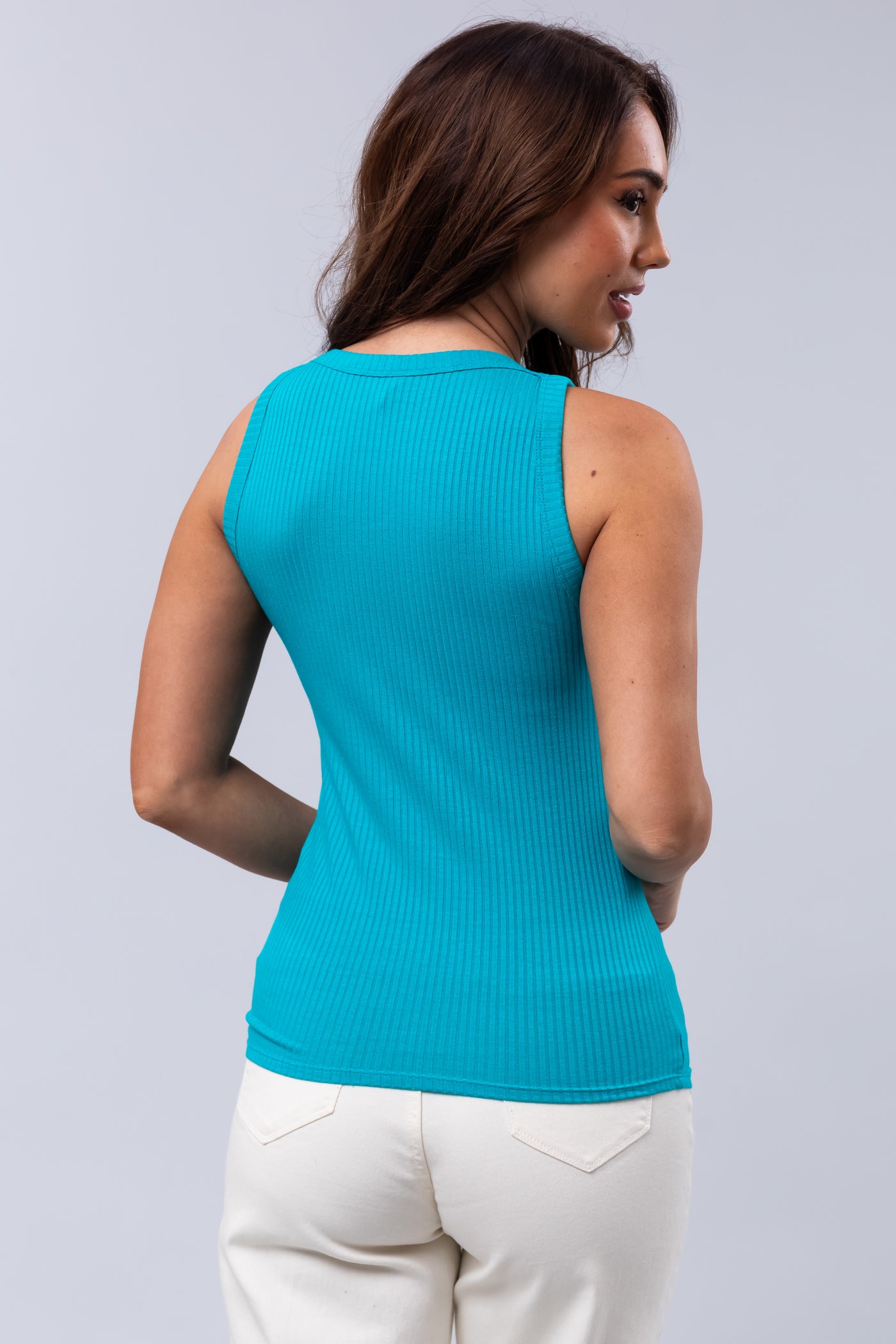 Vibrant Teal Ribbed Fitted Tank Top