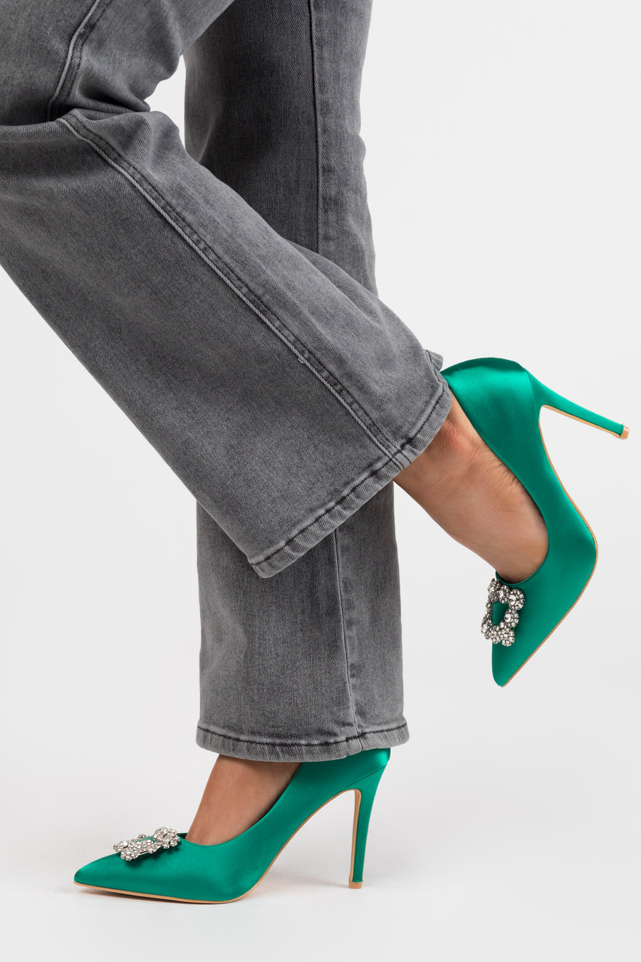 Vibrant Jade Satin Rhinestone Buckle Pointed Toe Heels