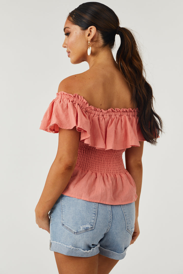 Vintage Coral Smocked Off Shoulder Peplum Top
