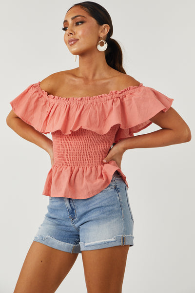 Vintage Coral Smocked Off Shoulder Peplum Top