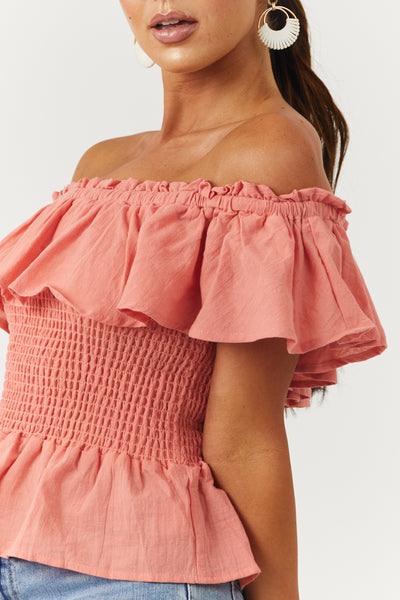 Vintage Coral Smocked Off Shoulder Peplum Top