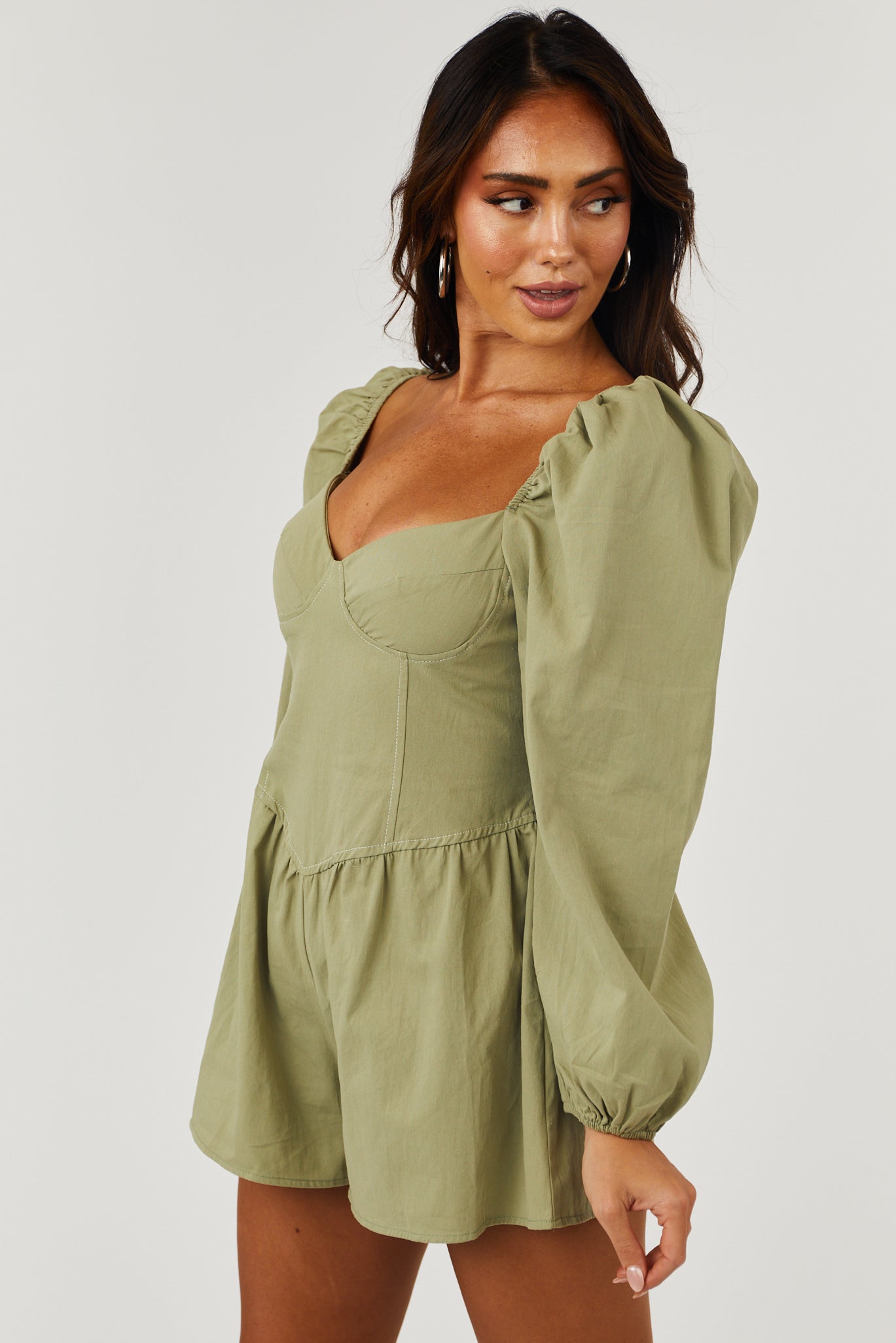 Vintage Olive Puff Sleeve Bustier Corset Romper Lime Lush