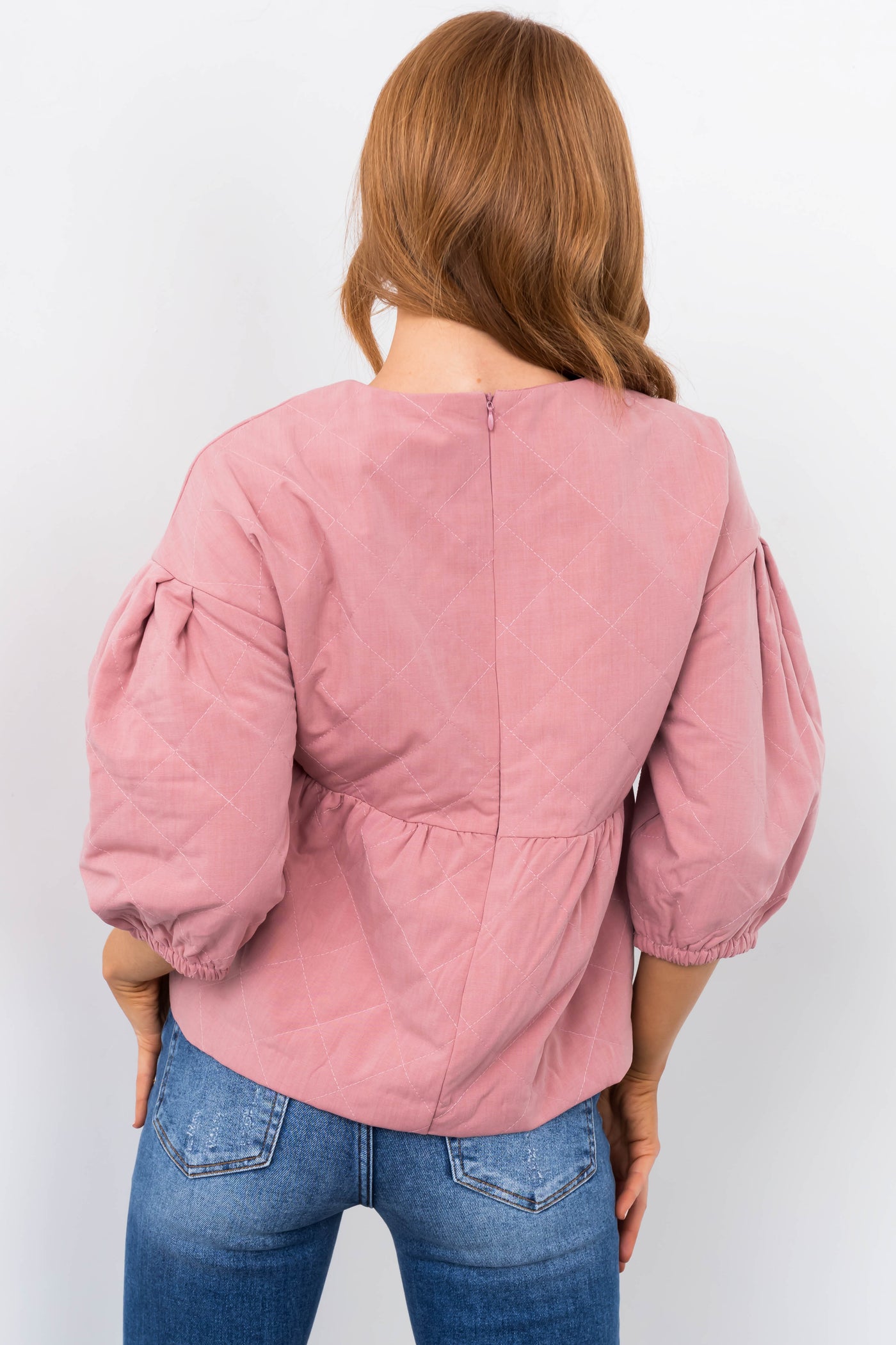 Vintage Pink Quilted Babydoll Bubble Sleeve Top