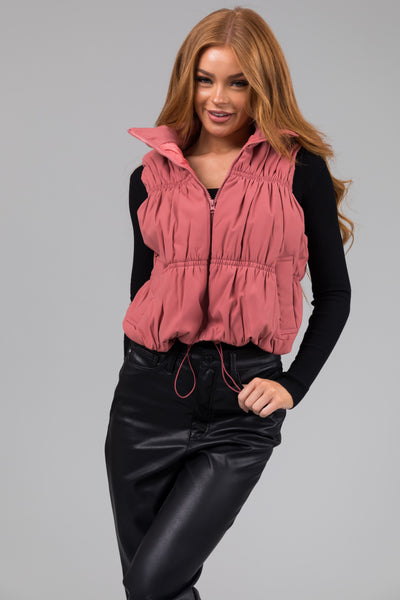 Vintage Rose Zip Up Cinch Detail Puffer Vest