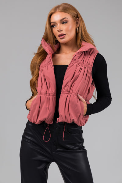 Vintage Rose Zip Up Cinch Detail Puffer Vest