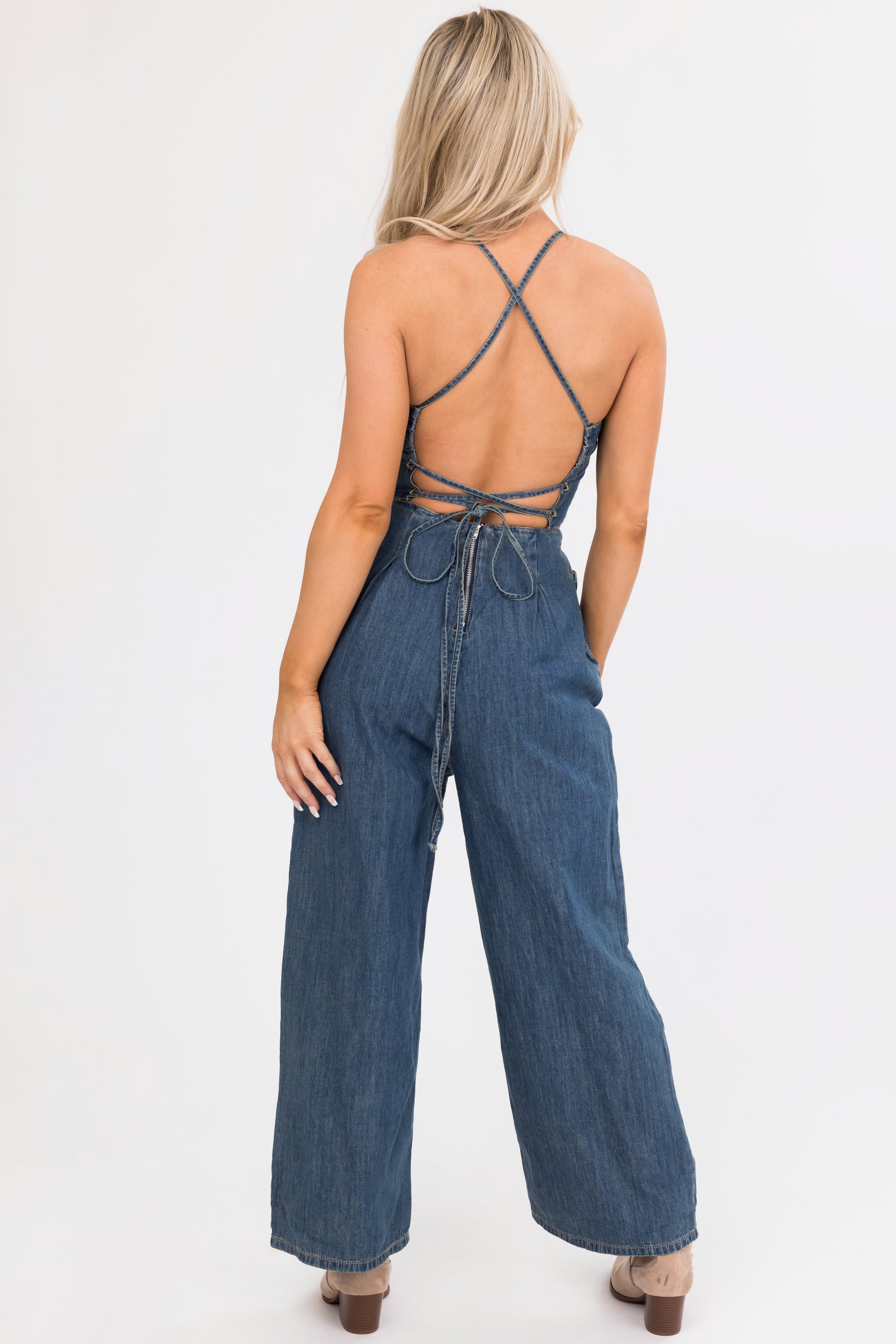 Vintage Wash Open Back Denim Jumpsuit with Pockets