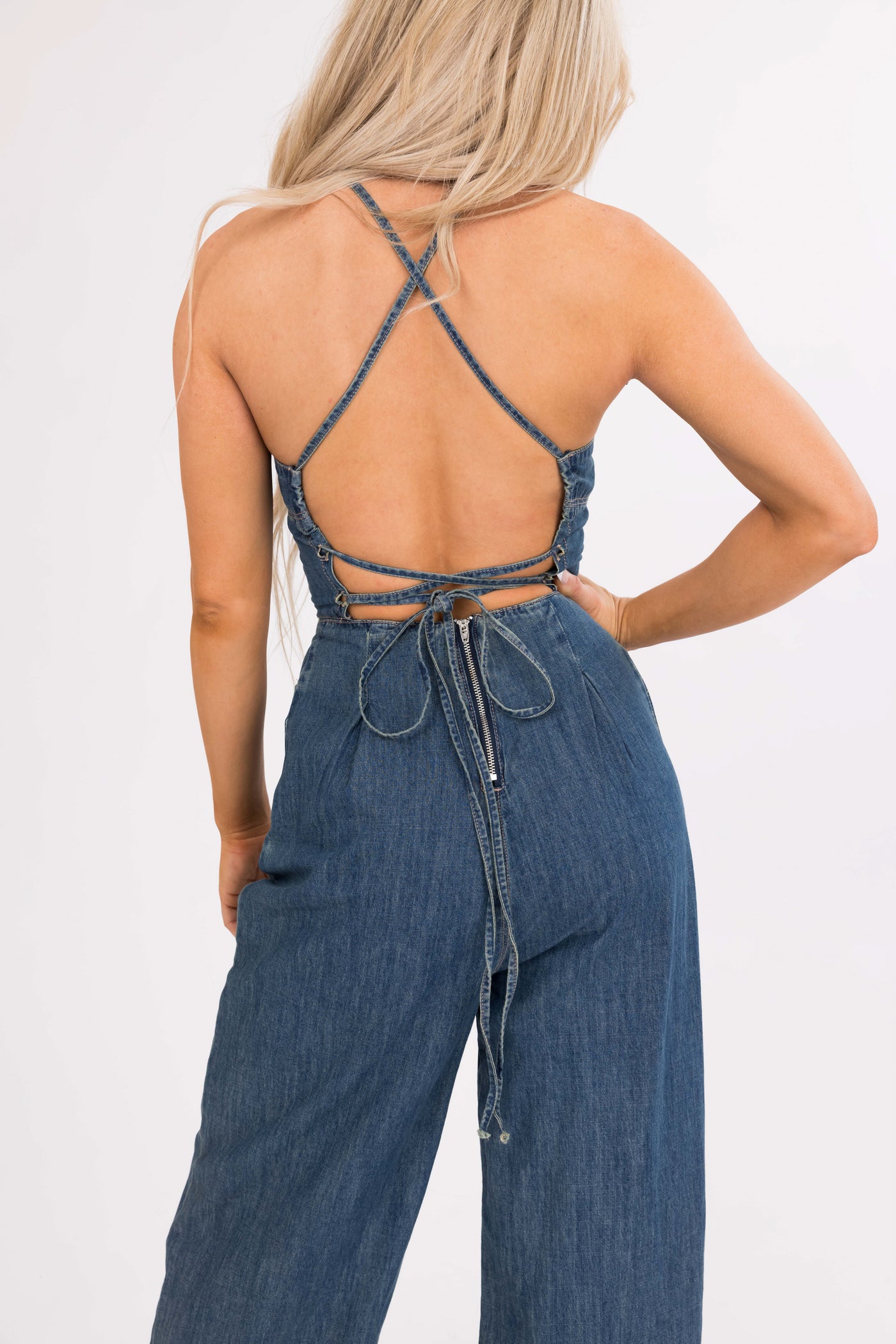 Vintage Wash Open Back Denim Jumpsuit with Pockets