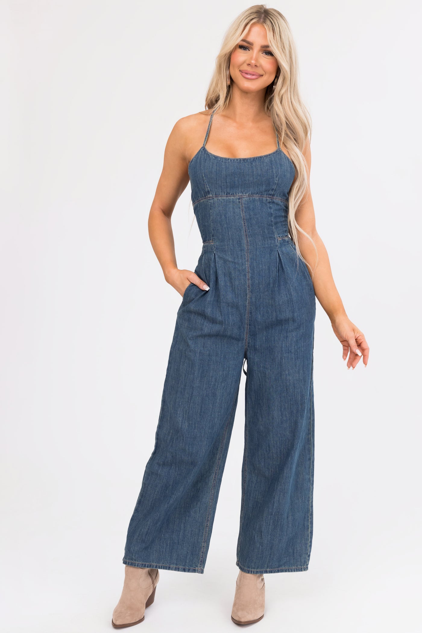 Vintage Wash Open Back Denim Jumpsuit with Pockets