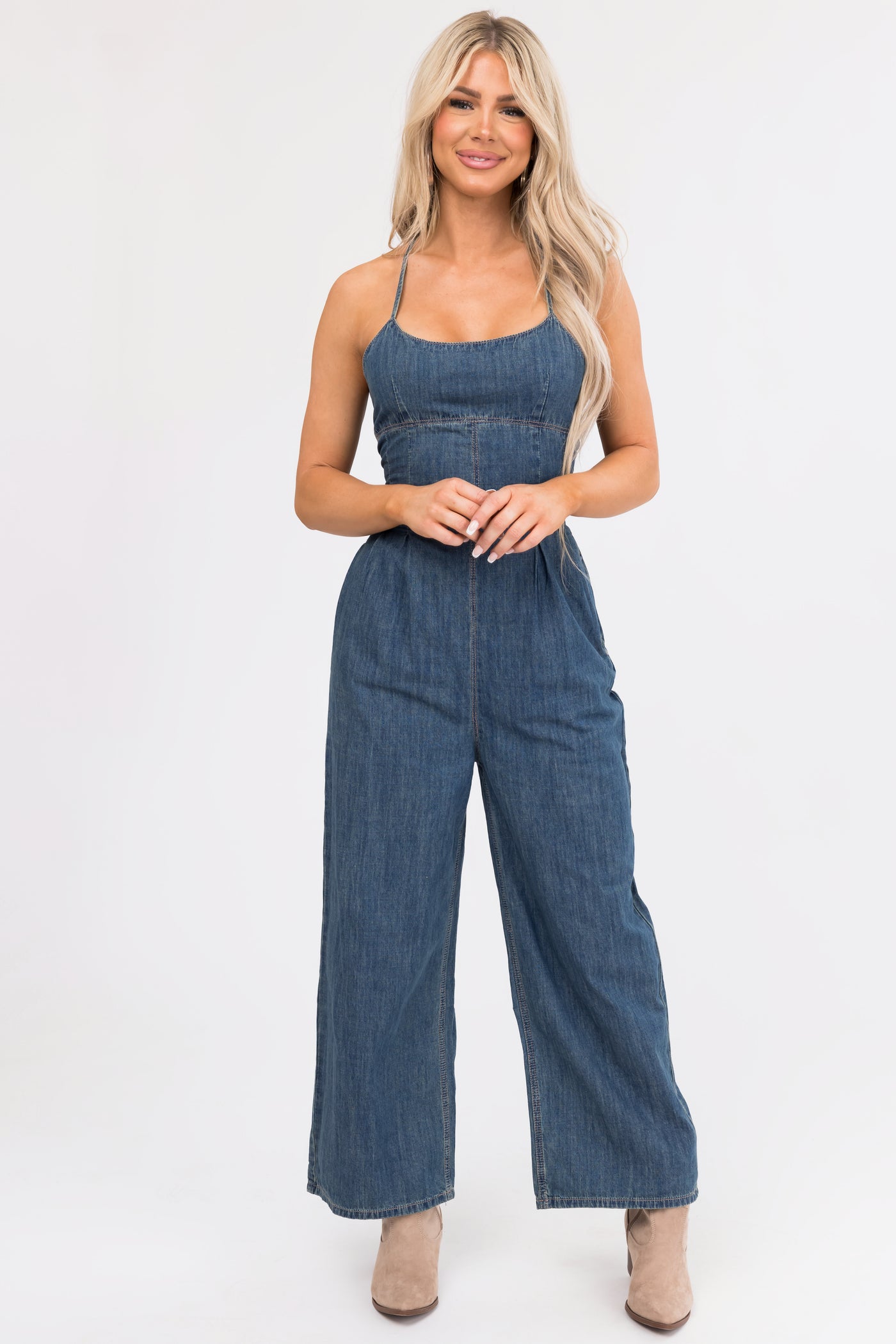 Vintage Wash Open Back Denim Jumpsuit with Pockets