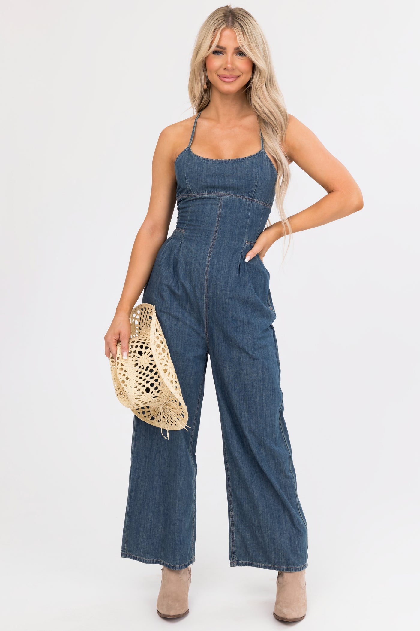 Vintage Wash Open Back Denim Jumpsuit with Pockets