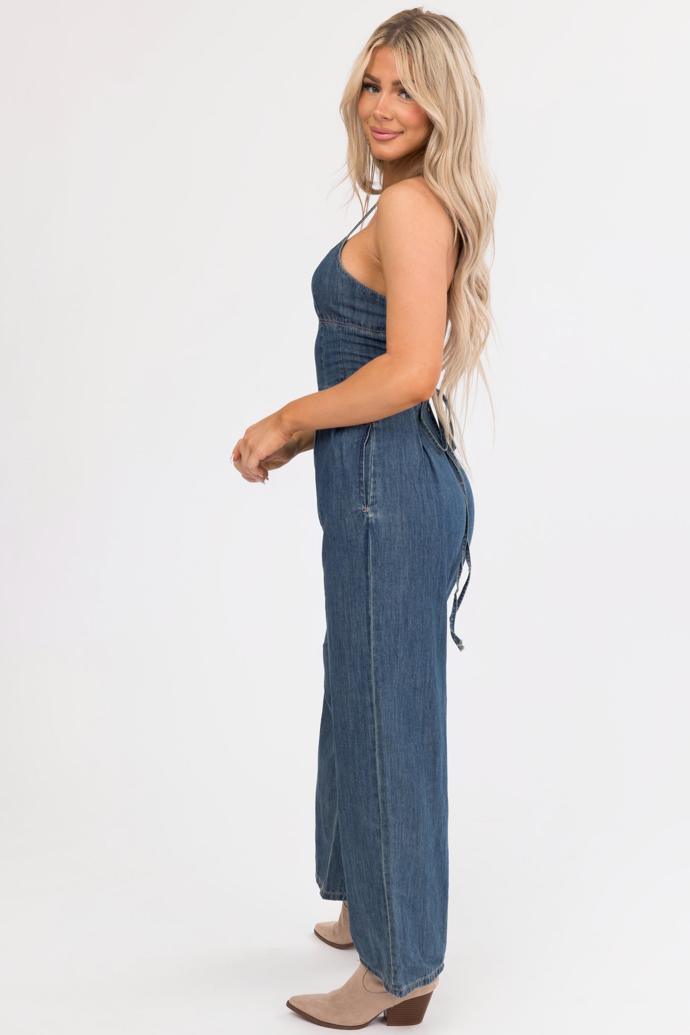 Vintage Wash Open Back Denim Jumpsuit with Pockets