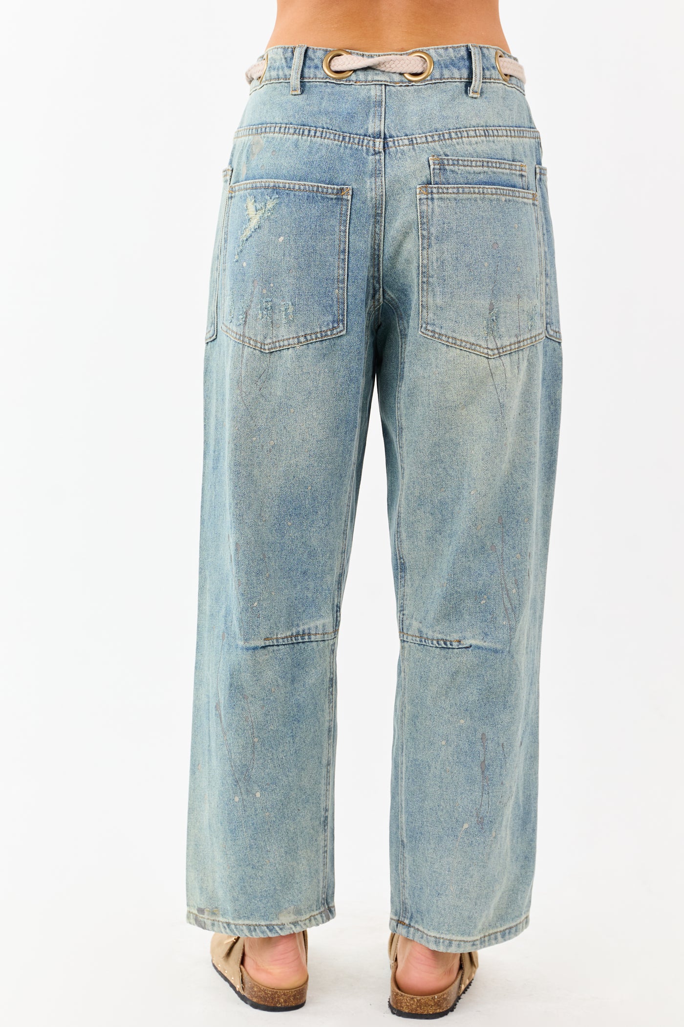 Vintage Wash Paint Drip Tapered Wide Leg Denim Pants