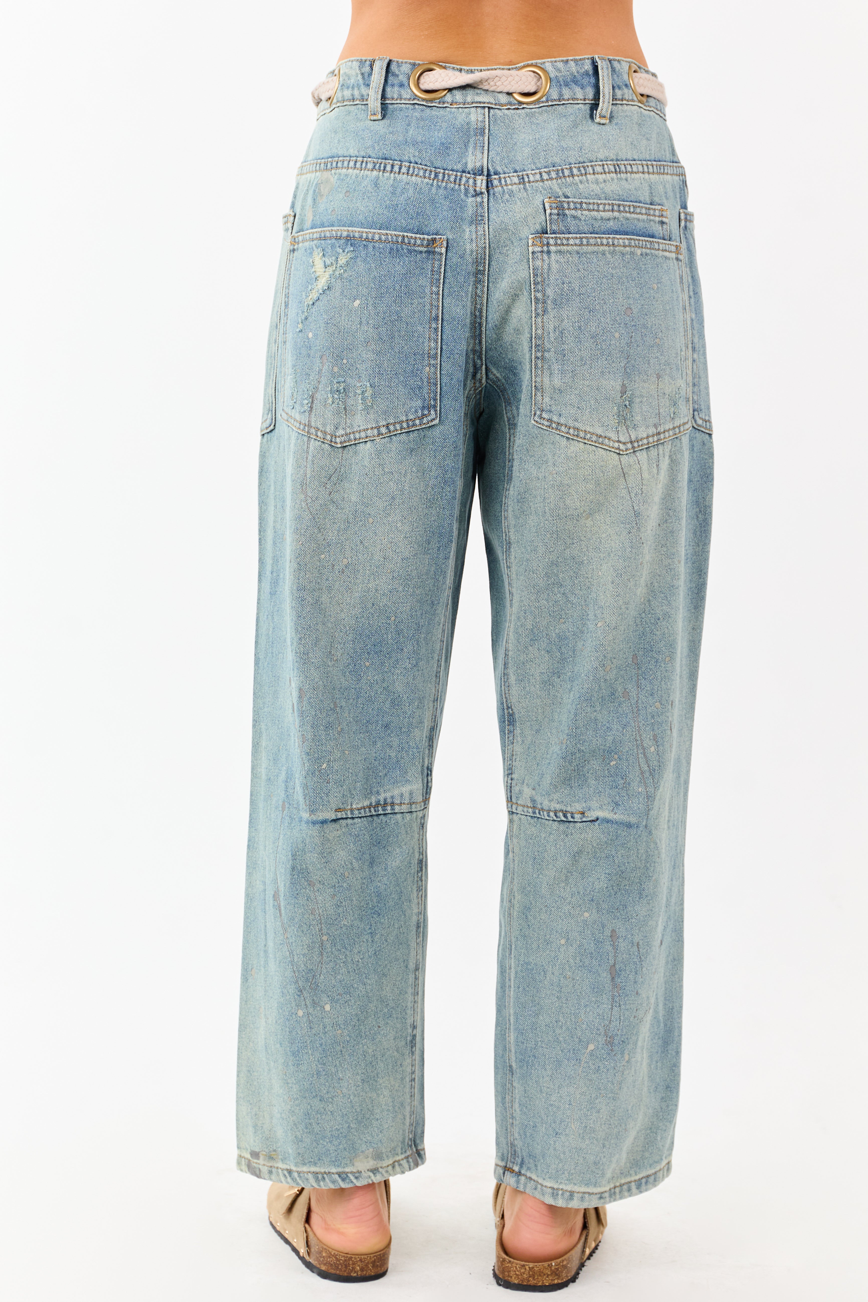 Vintage Wash Paint Drip Tapered Wide Leg Denim Pants