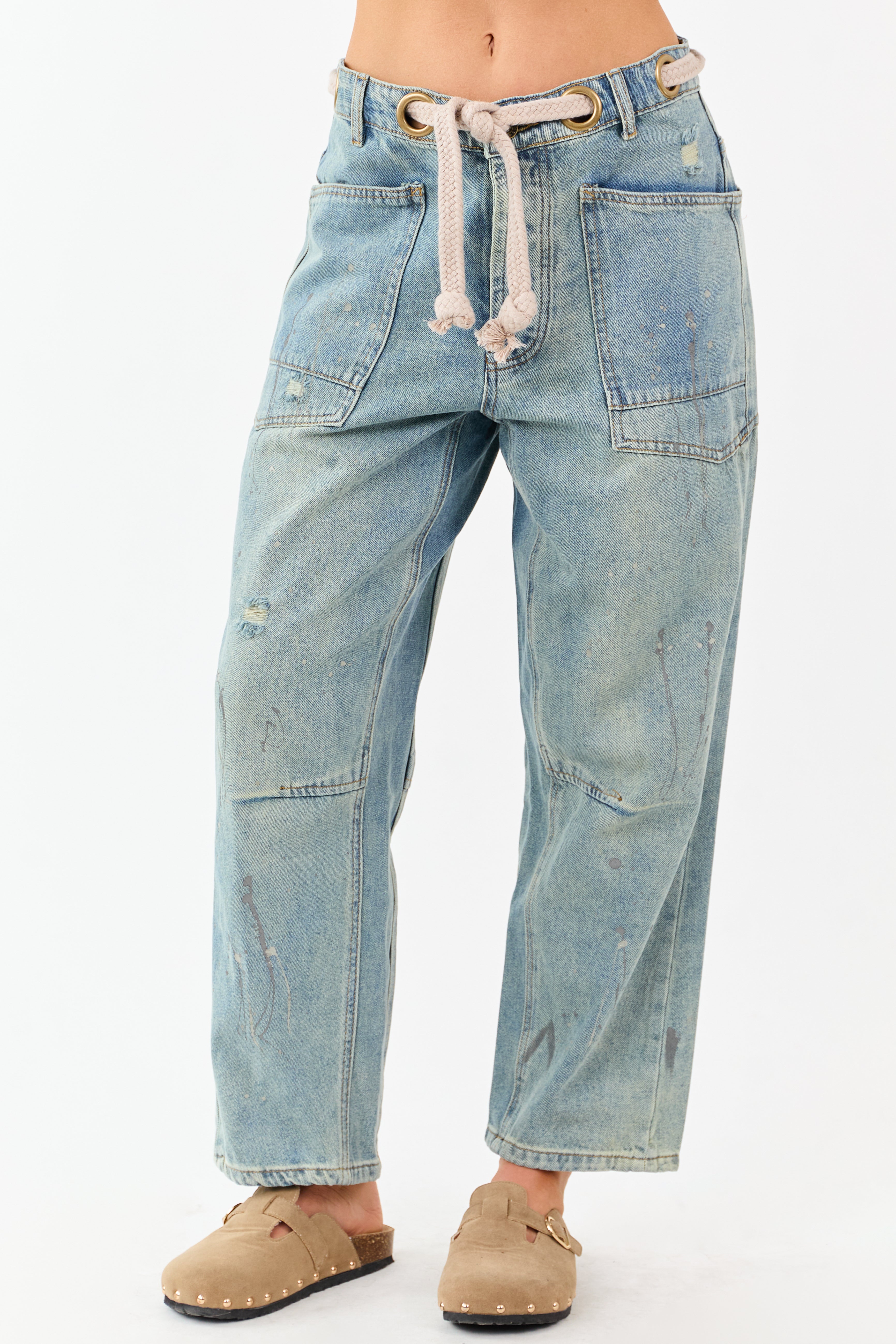 Vintage Wash Paint Drip Tapered Wide Leg Denim Pants | Lime Lush