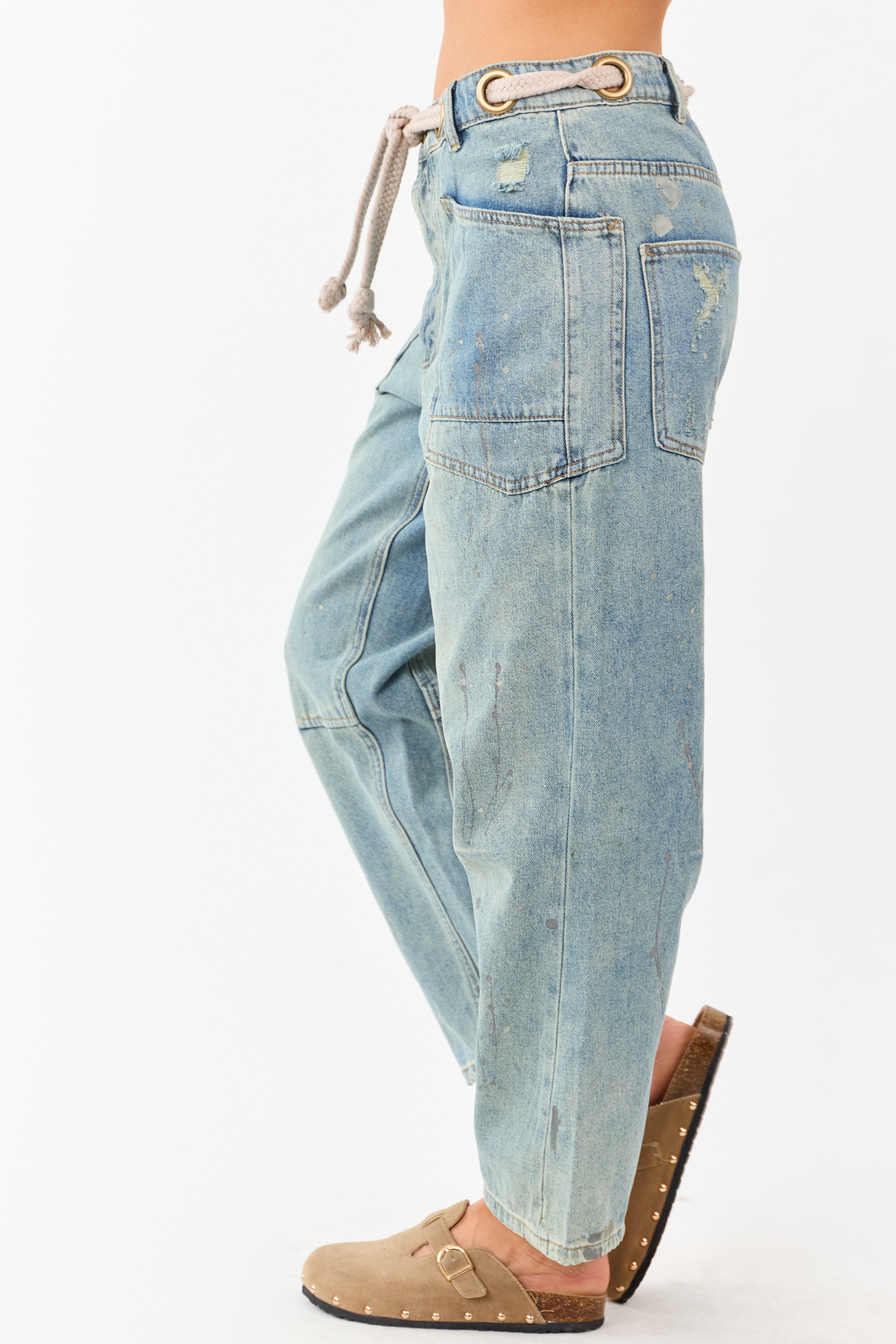 Vintage Wash Paint Drip Tapered Wide Leg Denim Pants | Lime Lush