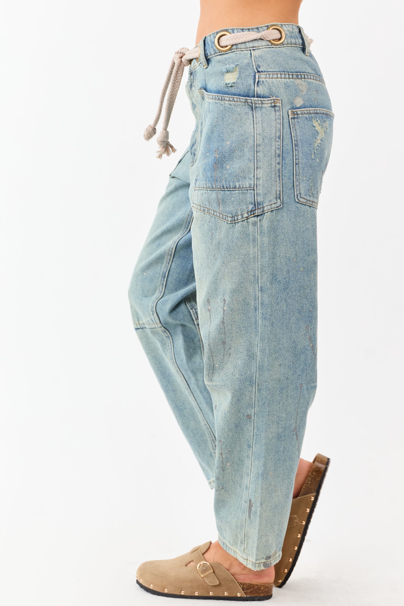 Vintage Wash Paint Drip Tapered Wide Leg Denim Pants
