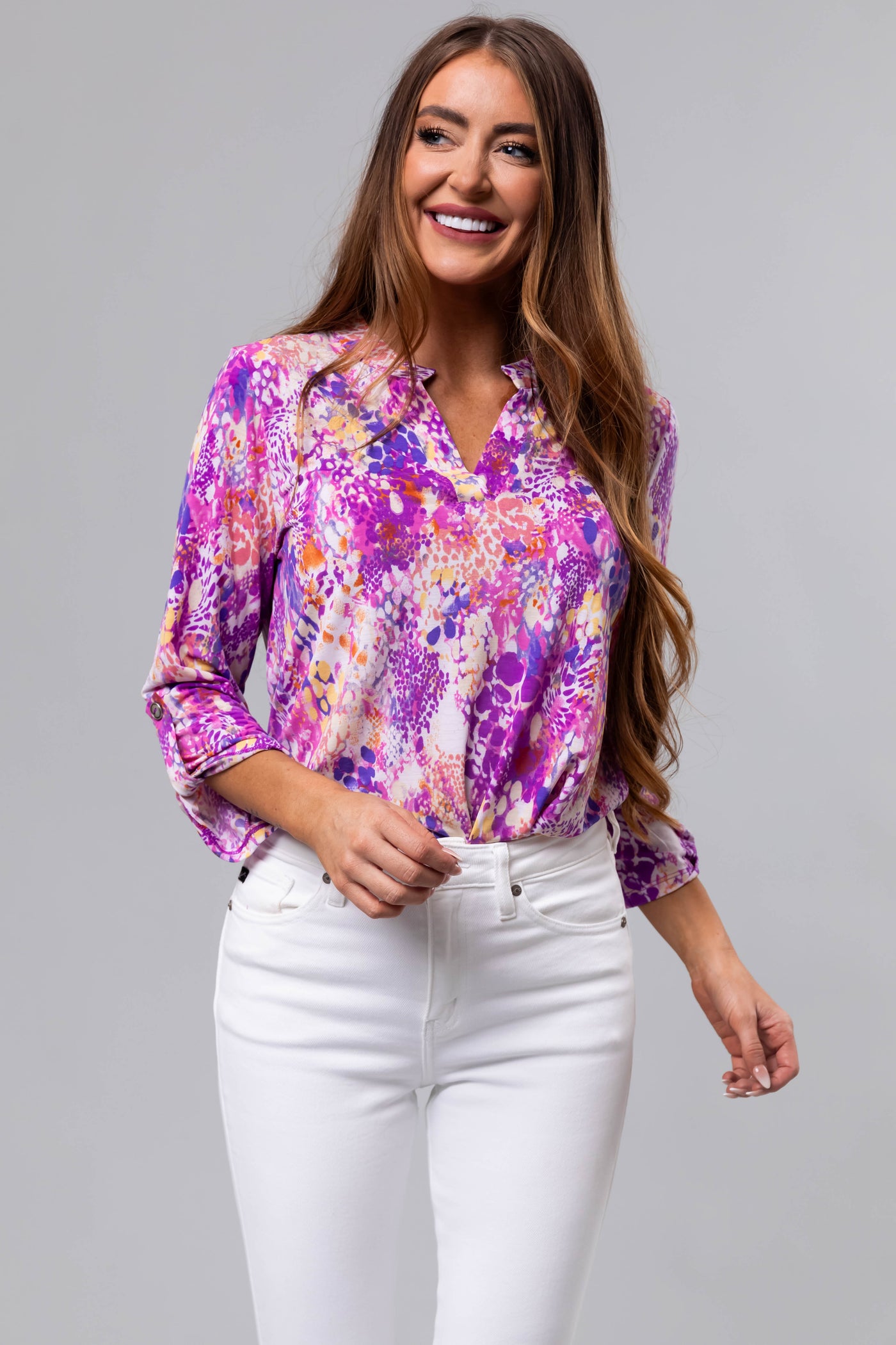 Violet Abstract Print 3/4 Sleeve Blouse