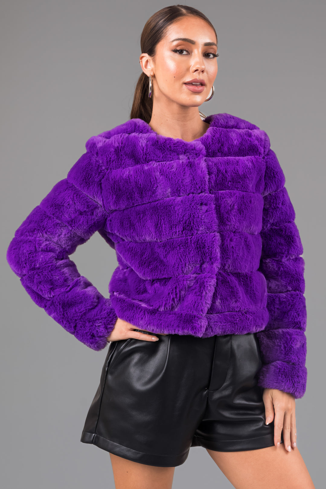Violet Faux Fur Quilted Button Up Jacket & Lime Lush