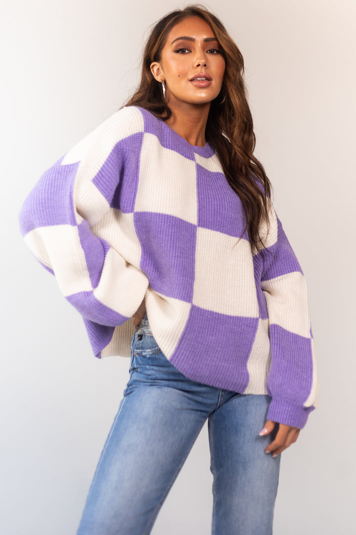Violet and Cream Checkered Oversized Sweater