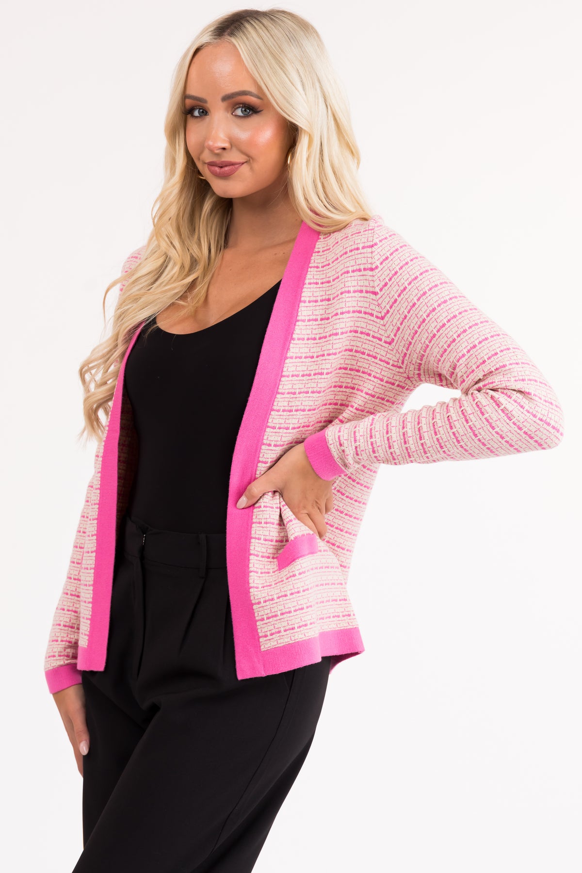 bubblegum pink cardigan