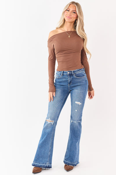 Walnut Asymmetrical One Shoulder Long Sleeve Top