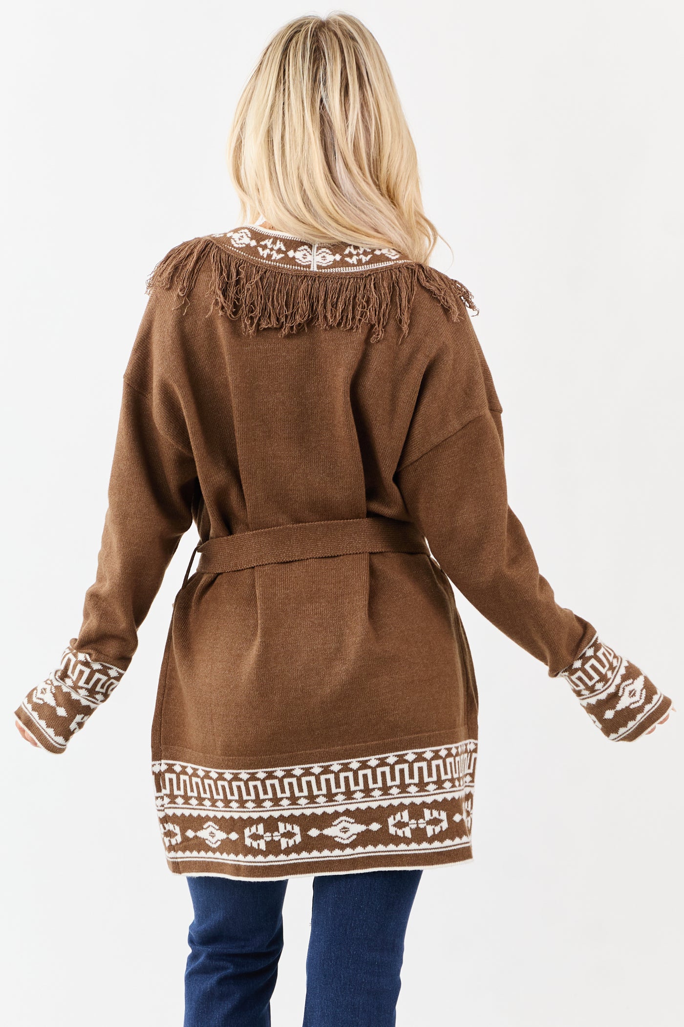 Walnut Aztec Print Fringe Trim Waist Tie Cardigan