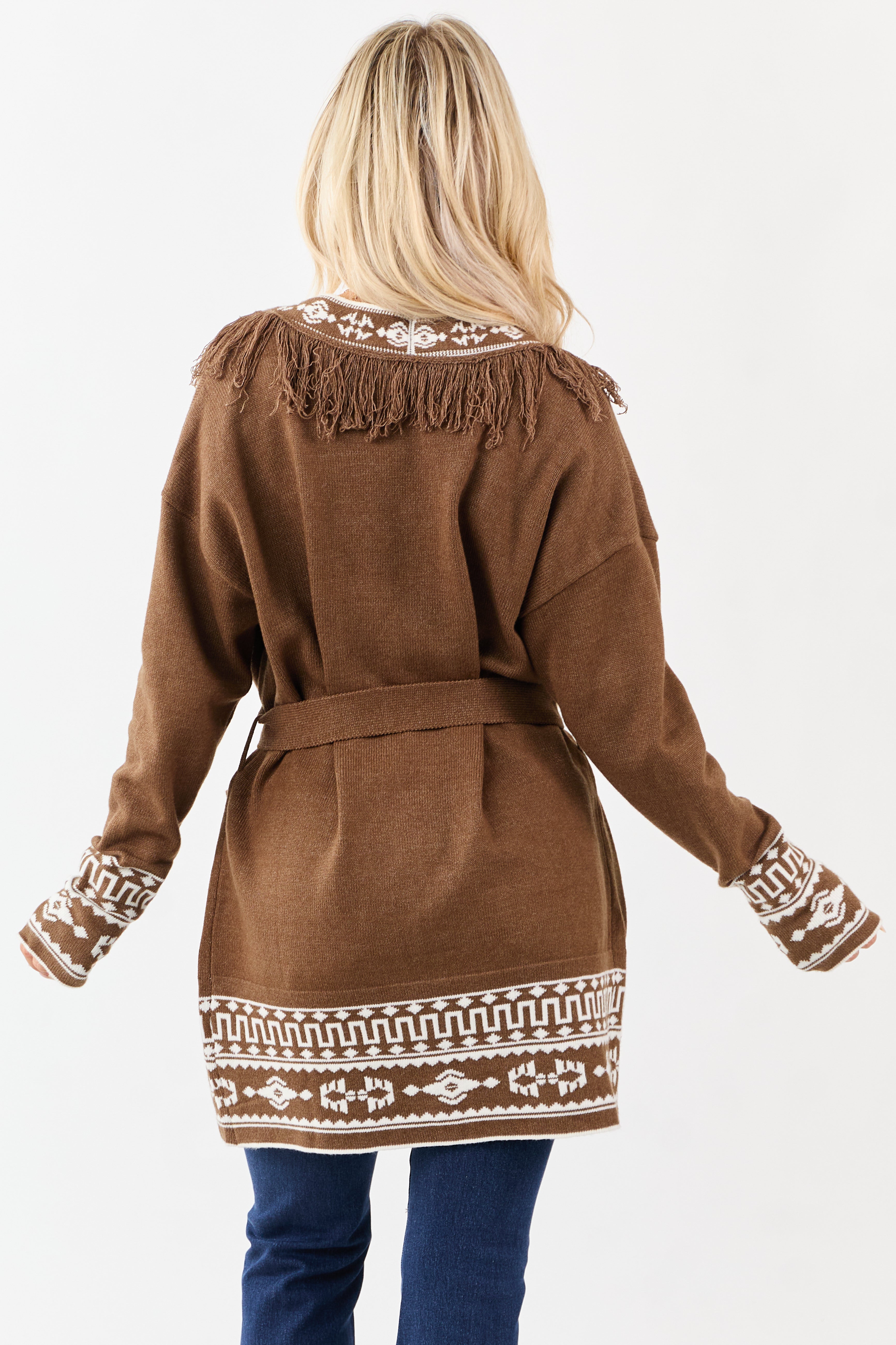 Walnut Aztec Print Fringe Trim Waist Tie Cardigan